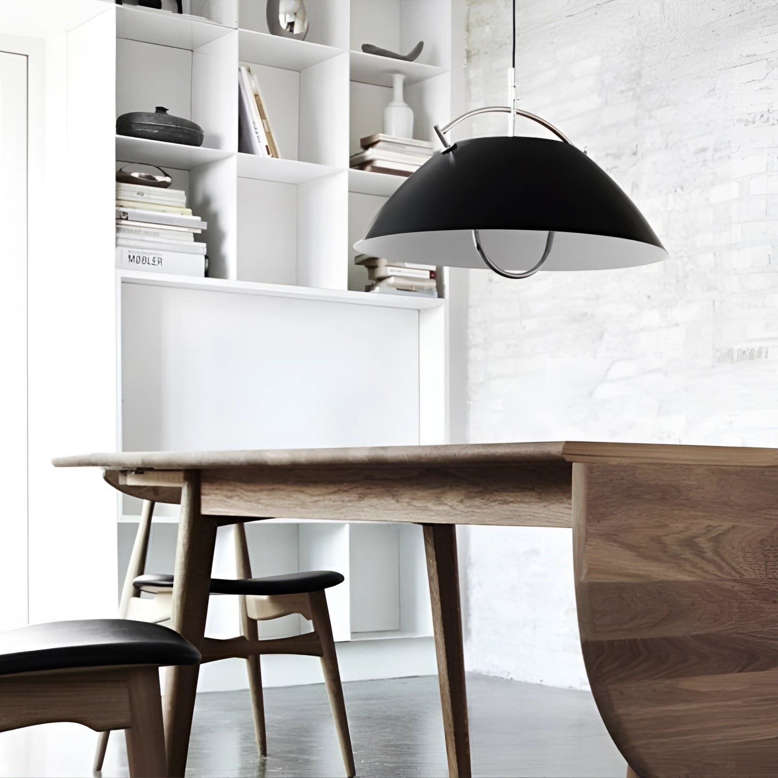 Minimalist Scandinavian white pendant light with a modern adjustable design, featuring a rectangular wooden element and a sleek white finish, suitable for contemporary interior design settings.