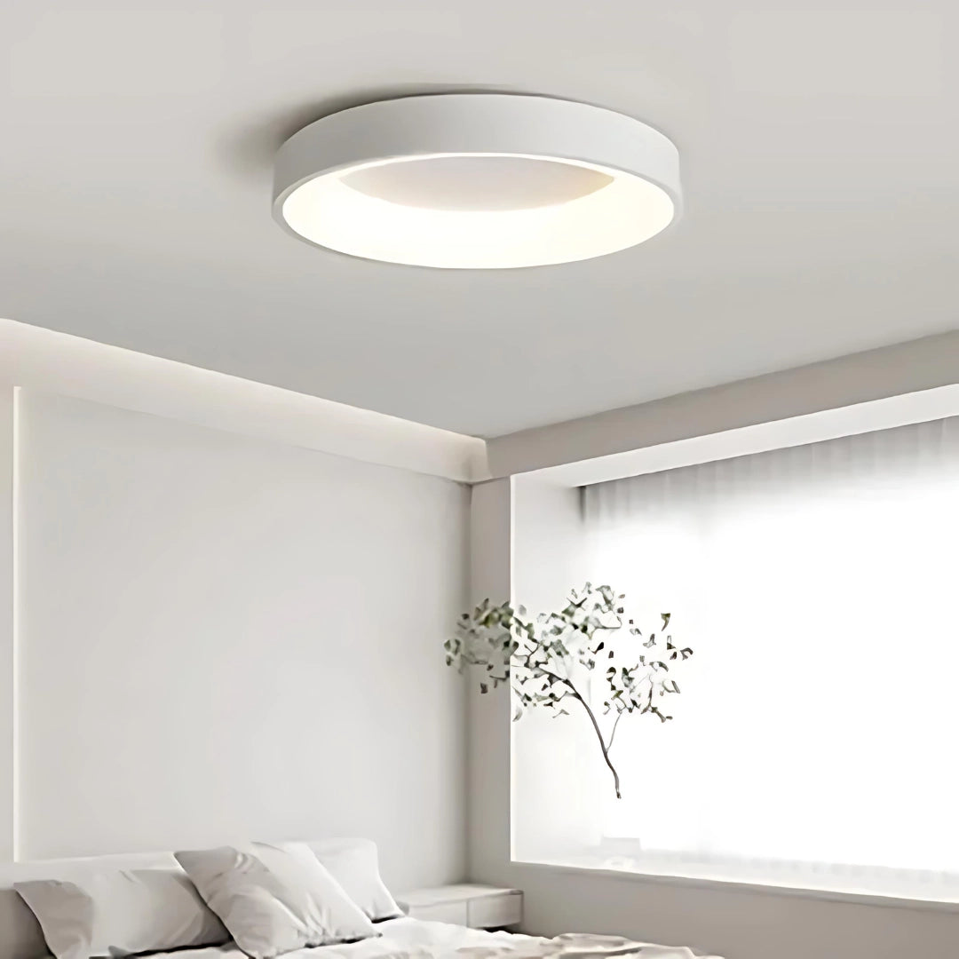 Minimalist Smart LED Ceiling Light in white and warm white, 60cm in diameter, featuring a sleek design suitable for modern interior spaces, controlled via remote and smartphone, with wooden accents.