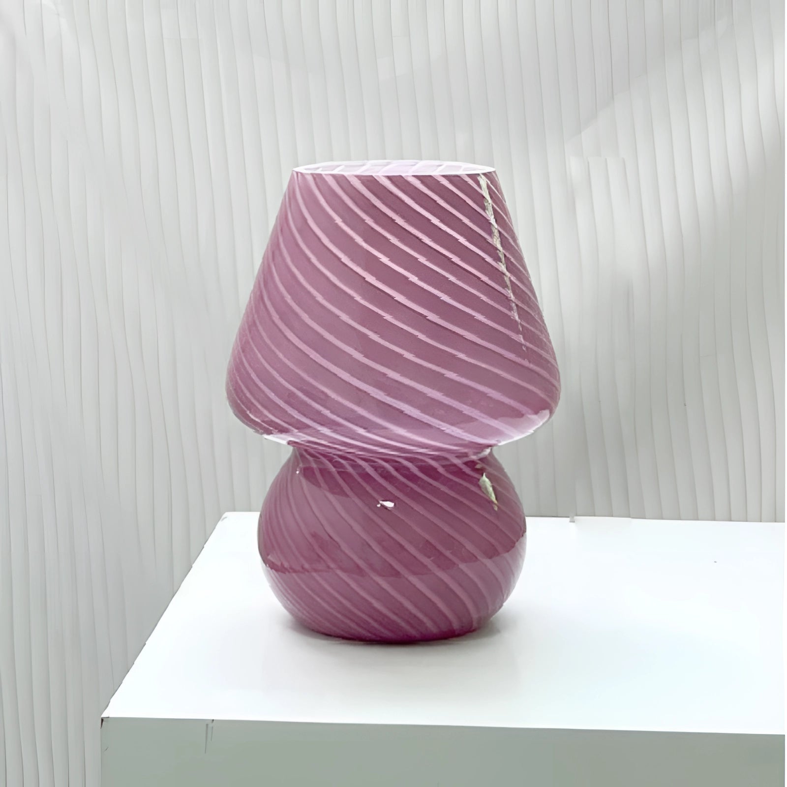 Modern table lamp with a 3D printed purple swirl design, featuring a circular LED light and a rectangular wooden base.