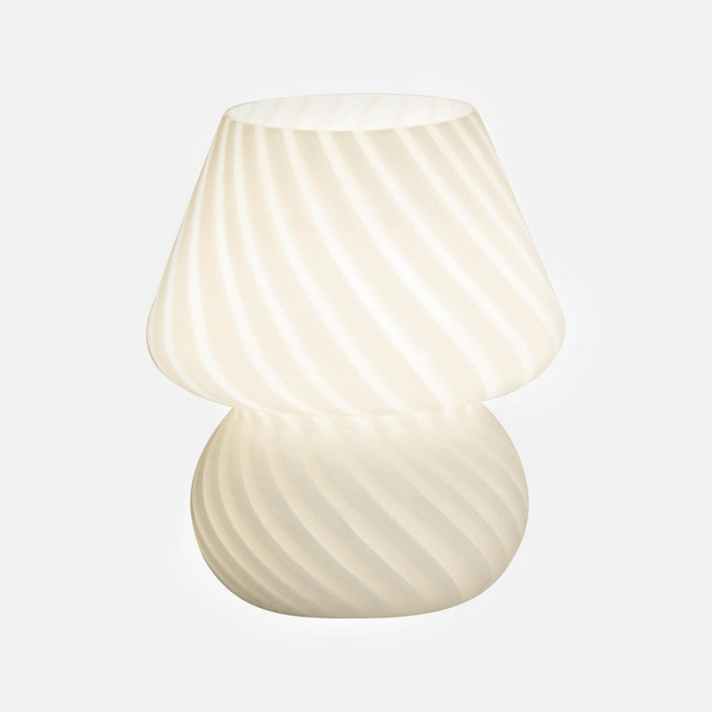 Modern 3D printed white swirl LED table lamp with an energy-efficient design, featuring a circular shape and smooth plastic finish.