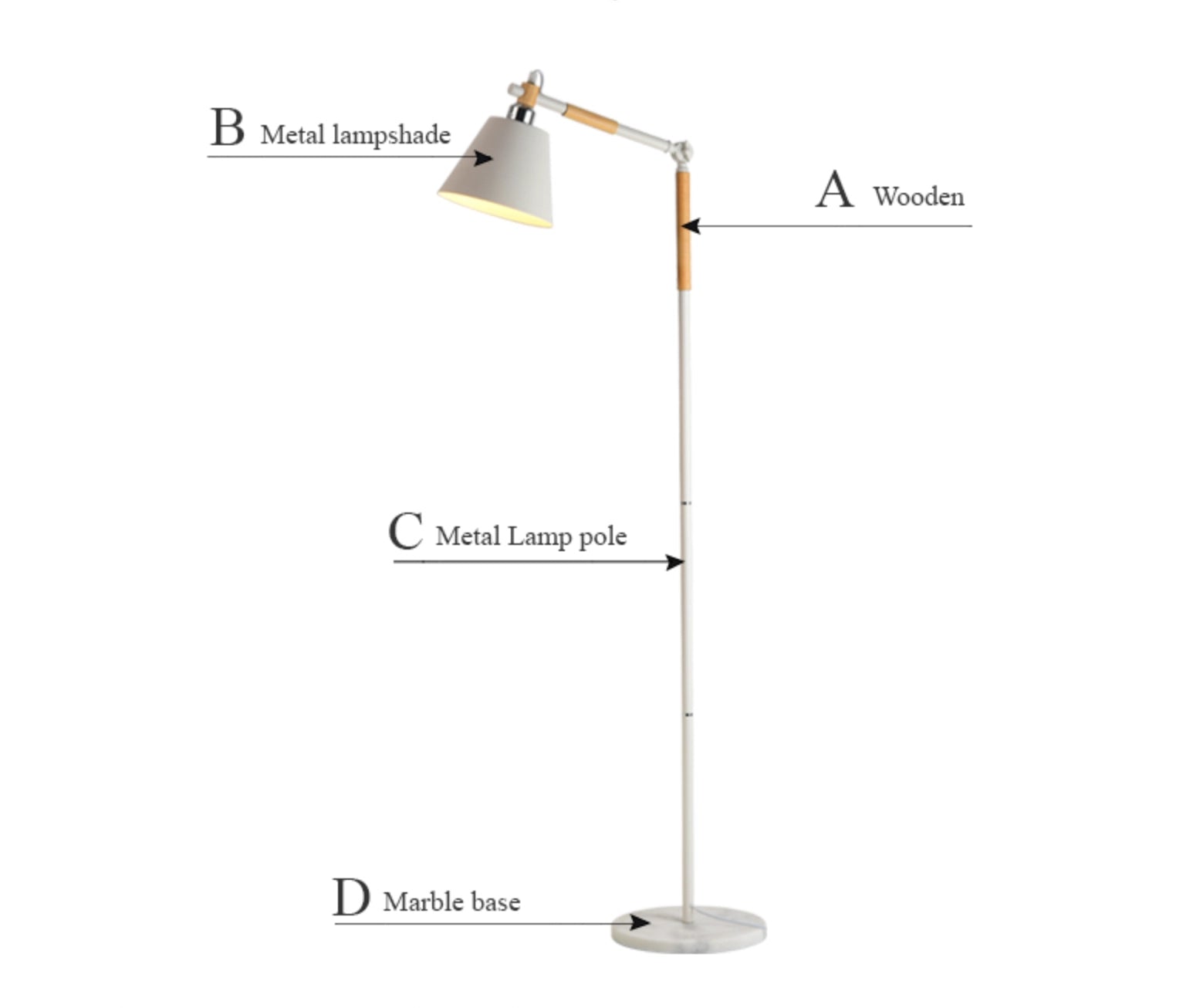 Modern adjustable height floor lamp with white and wood finish, featuring a movable head.