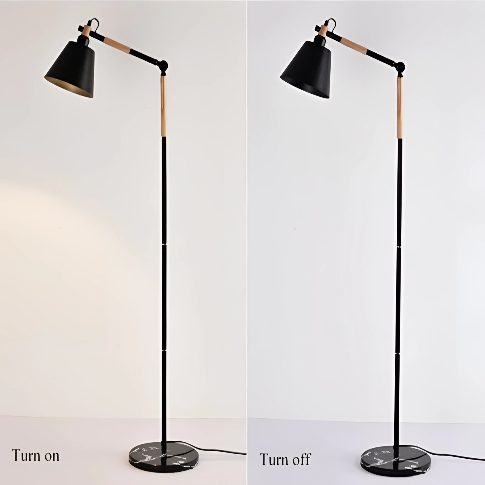 Modern adjustable height floor lamp in white with wood accents and a movable head.