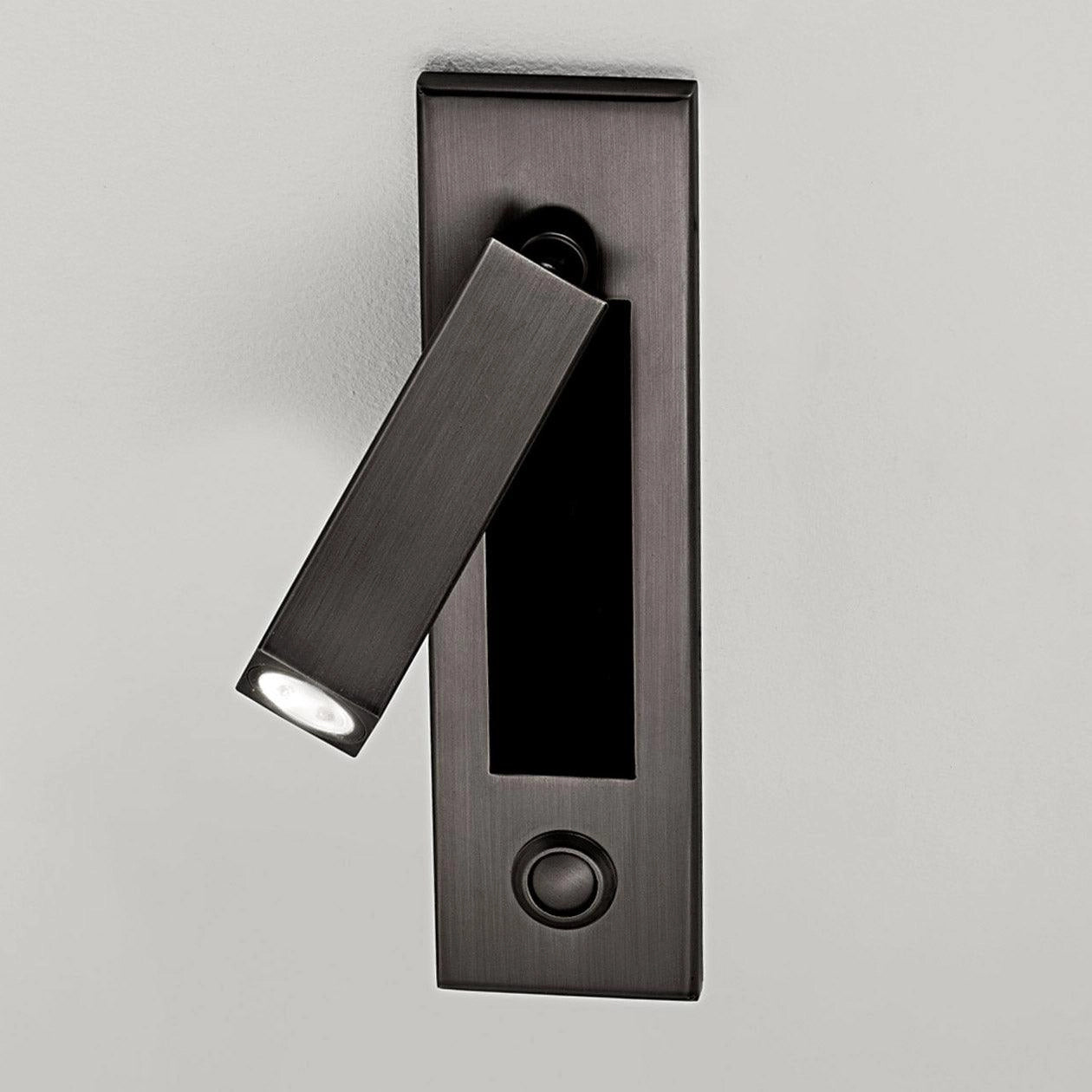 Modern adjustable LED wall light in matte black finish, weather-resistant with motion sensor, shaped in a rectangular square set of 2, with dimensions Diameter 5cm x Height 17.8cm, provides cool white illumination.