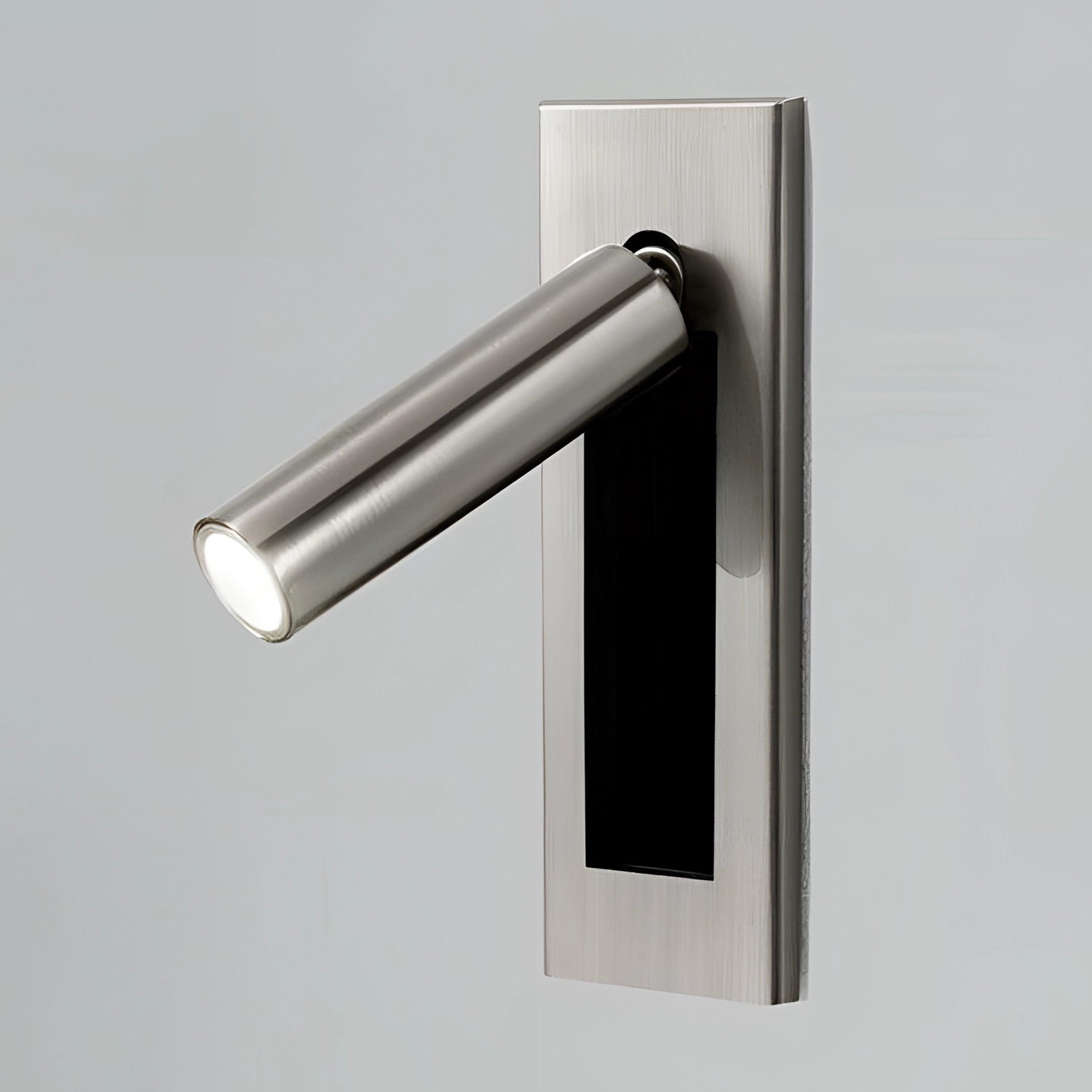 Modern adjustable LED wall light set of 2 in nickel finish, cylinder-shaped, weather-resistant, with motion sensor and cool white light.