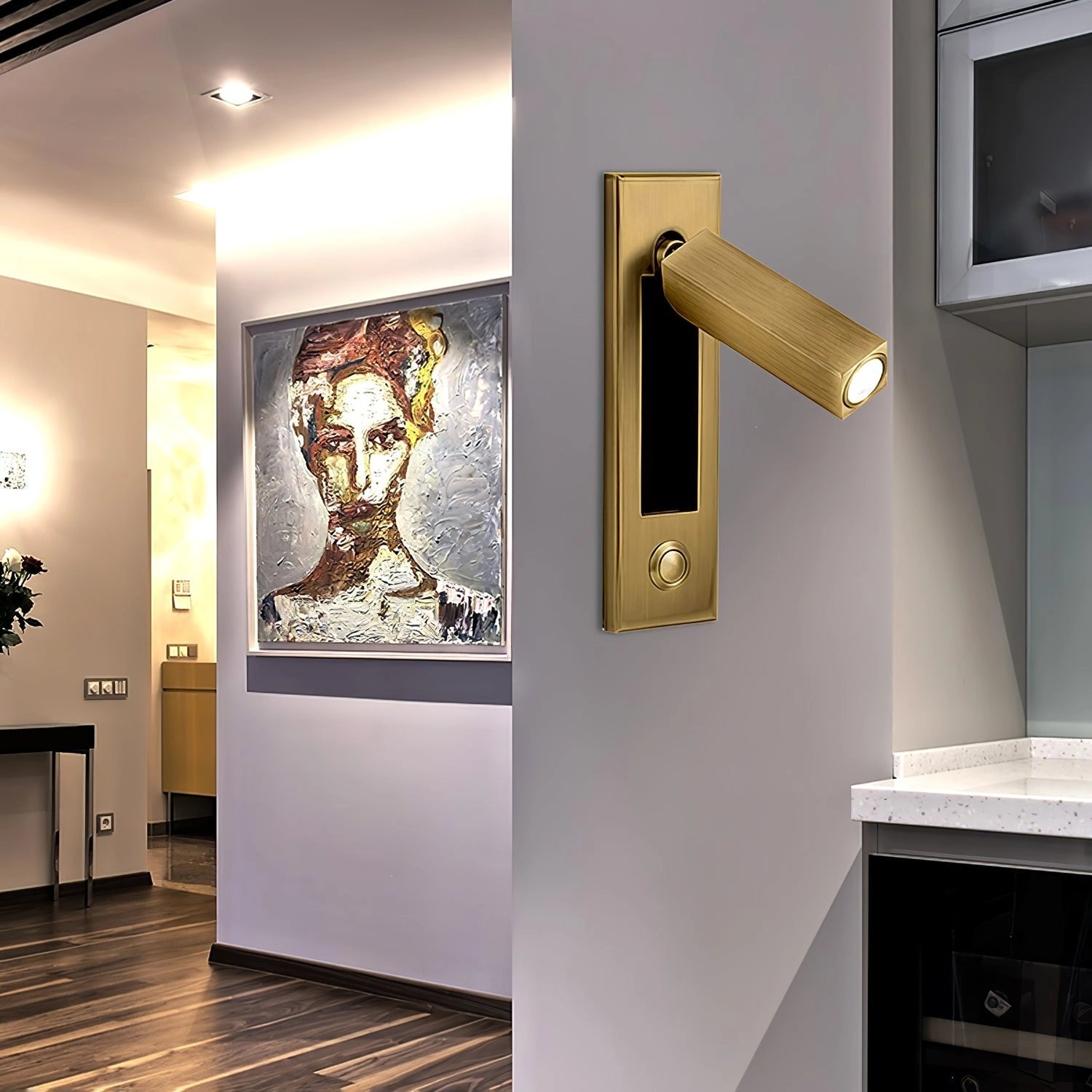 Modern adjustable black LED wall light with motion sensor, weather-resistant, mounted on an exterior wall near wood paneling and houseplants.