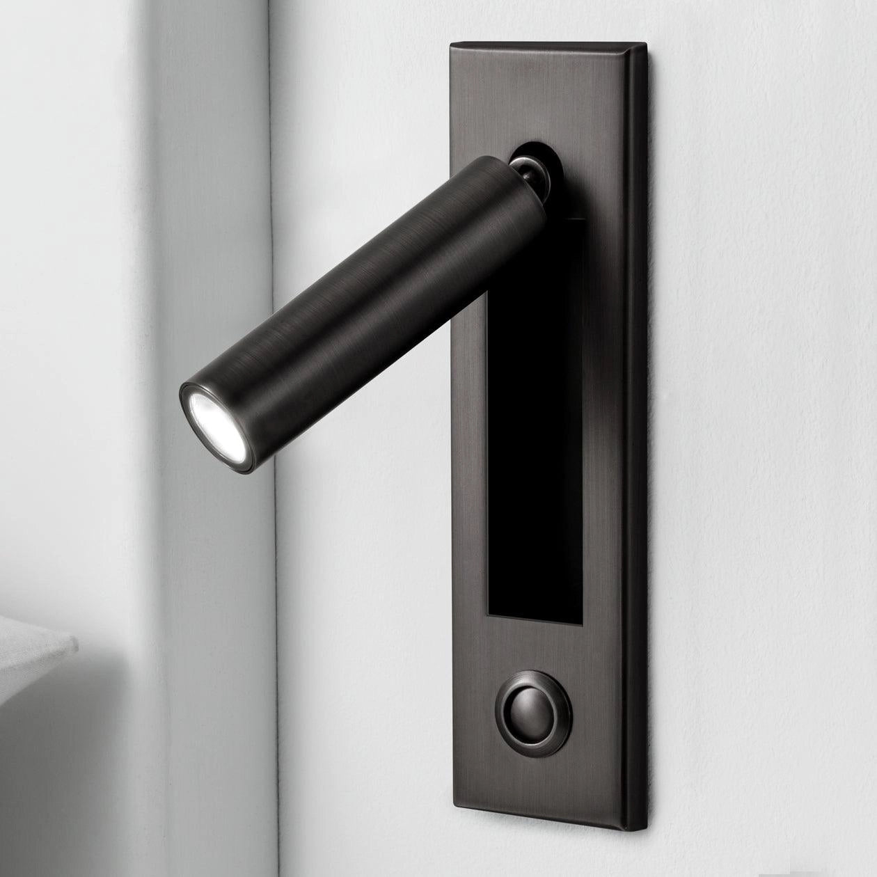 Modern adjustable matte black cylinder-shaped LED wall light set of 2, weather-resistant with motion sensor, cool white light, dimensions Dia 5cm x H 17.8cm, mounted on a grey rectangular surface.