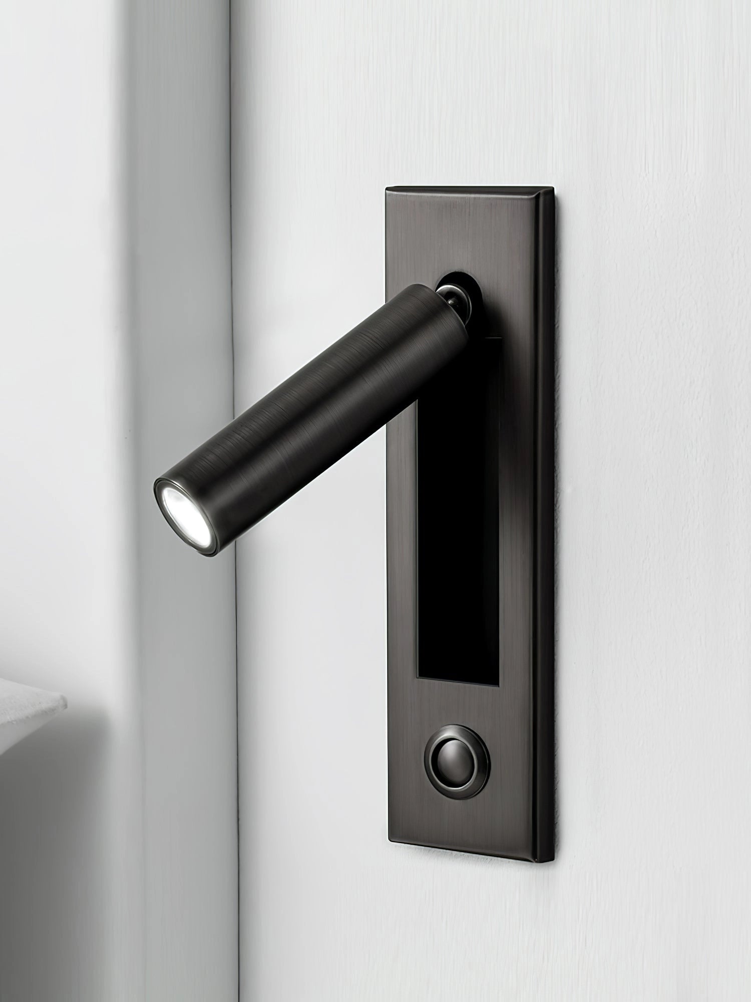 Modern adjustable black LED wall light with motion sensor, weather-resistant, grey rectangular metal fixture.