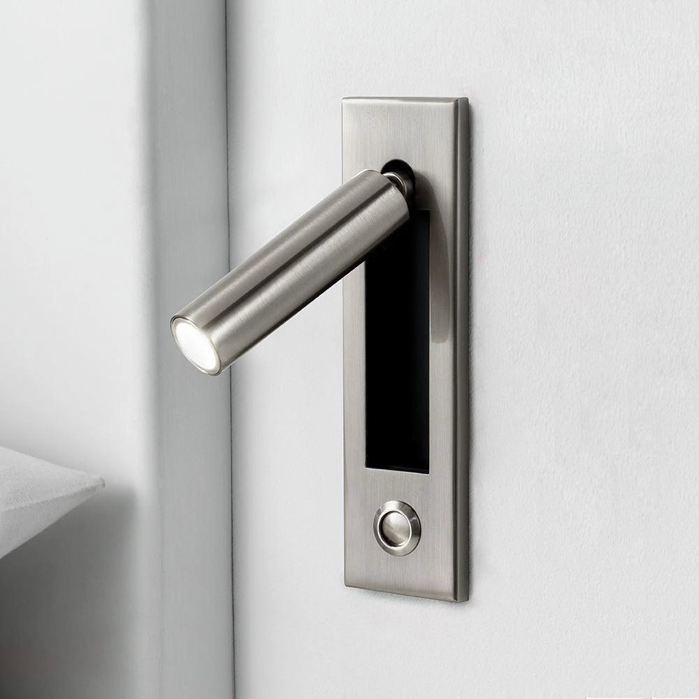 Modern adjustable LED wall light in black, weather-resistant, with a cylinder design, motion sensor, set of 2, nickel finish, emits cool white light, 5cm diameter x 17.8cm height, mounted on a wall.