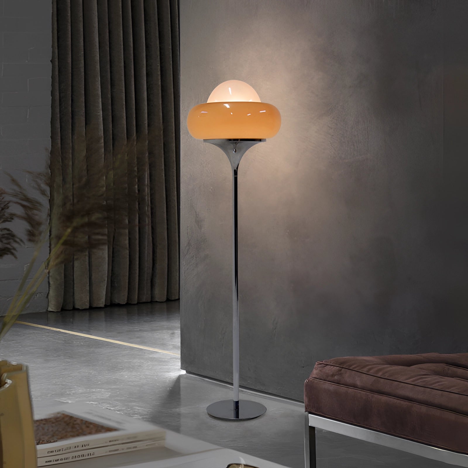 Modern adjustable metal floor lamp with a sleek design, featuring three-color lighting options. The lamp is placed in a stylish interior setting with wooden flooring and artistic decor elements.