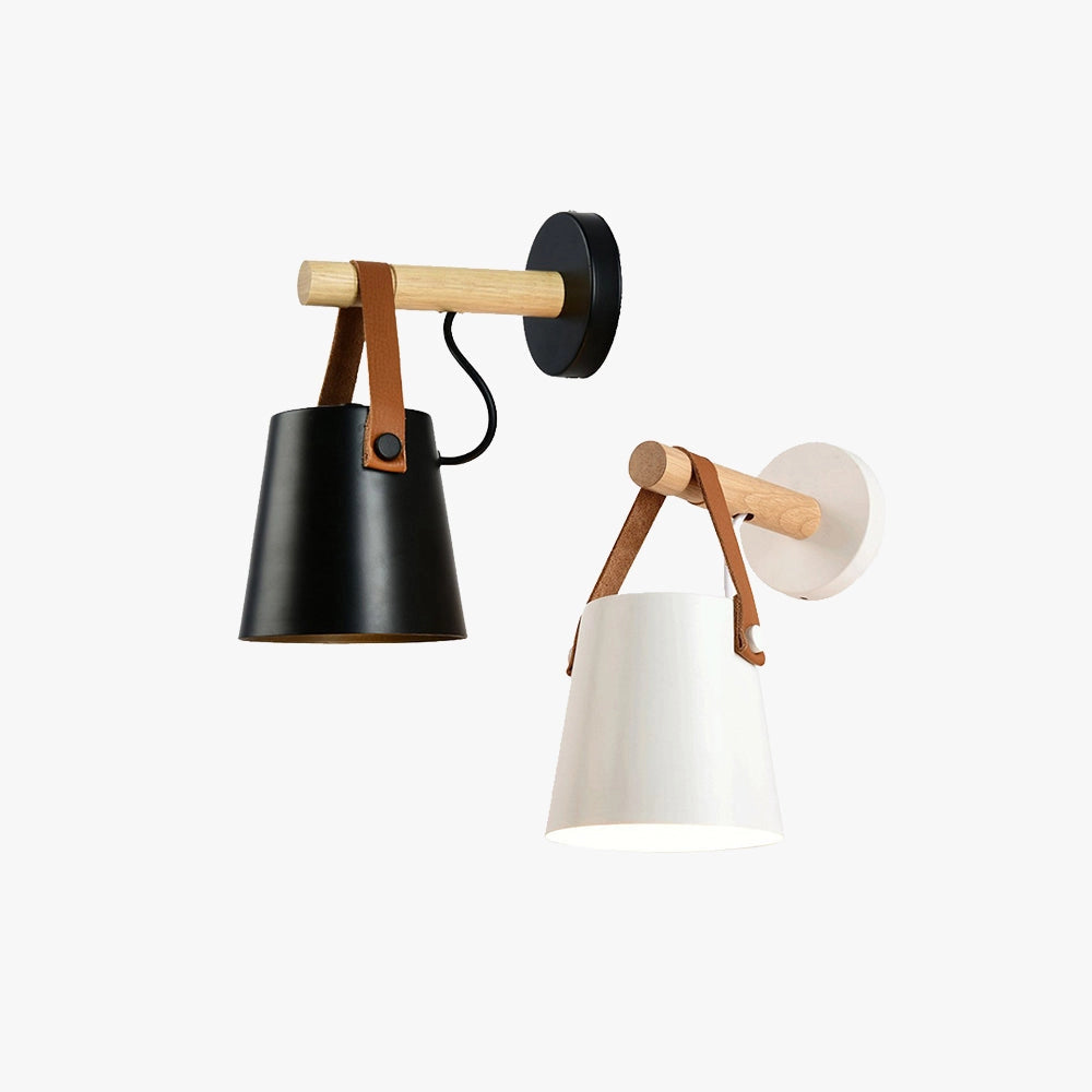 Modern Scandinavian wooden wall lamp in black and white, featuring an adjustable sconce design with a minimalistic aesthetic and natural wood elements.