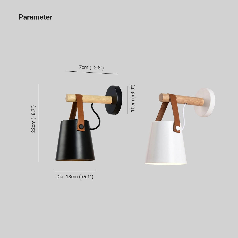 Modern adjustable Scandinavian wooden wall lamp in black and white, featuring a sleek design with a wooden and metal construction.