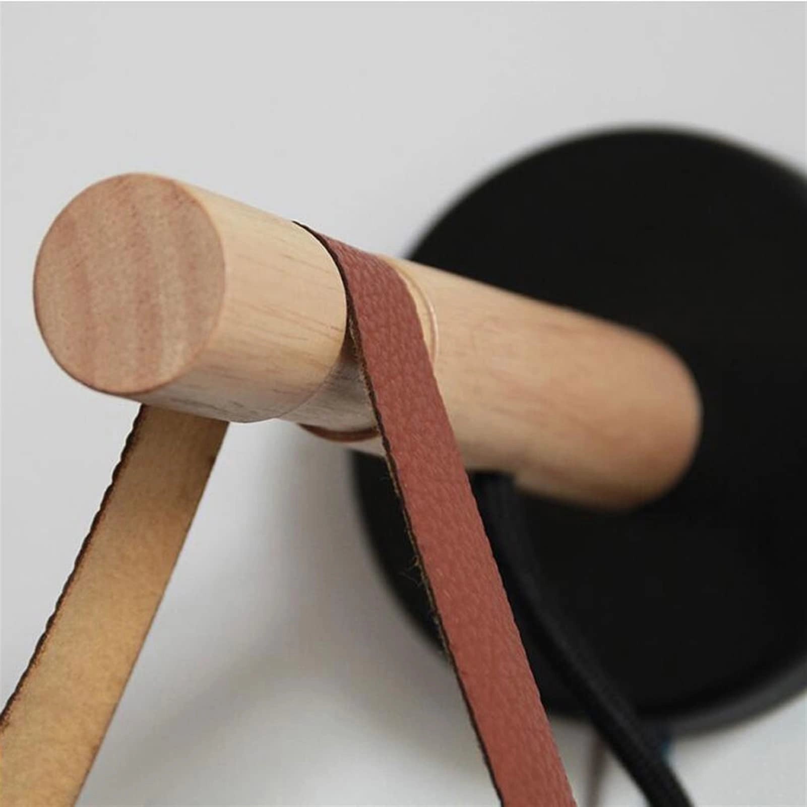 Modern adjustable Scandinavian wooden wall lamp with black and white sconce, featuring circular design elements and a combination of natural wood and metal materials.