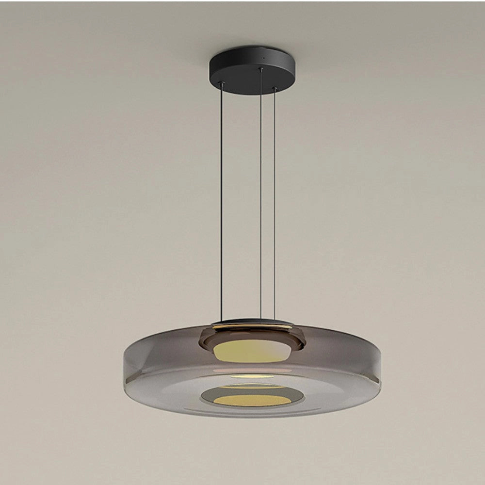 Modern Amber Glass Pendant Light in Smoke Gray, 1 Level, D45 x H11 cm, featuring a luxury minimalist tiered design with a circular lampshade; ideal for home interiors and ceiling installations.