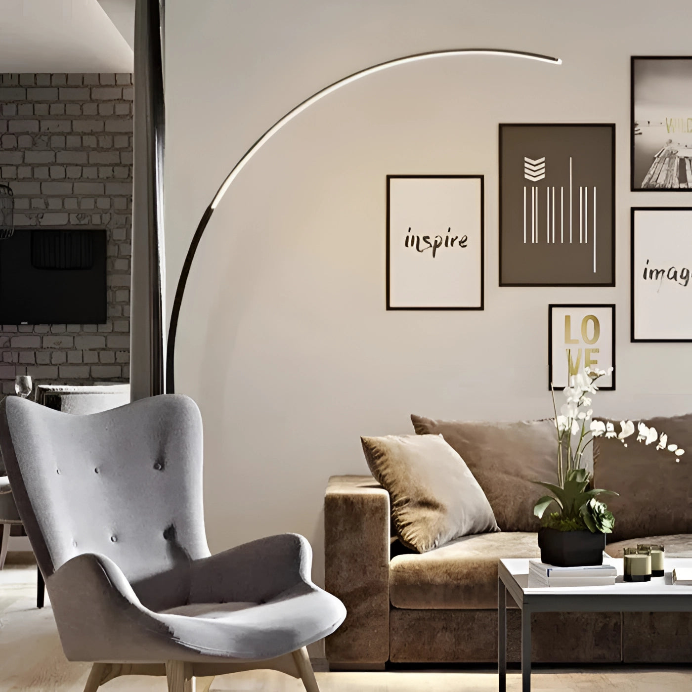 Modern Arc Floor Lamp & Velvet Chair for Contemporary Decor