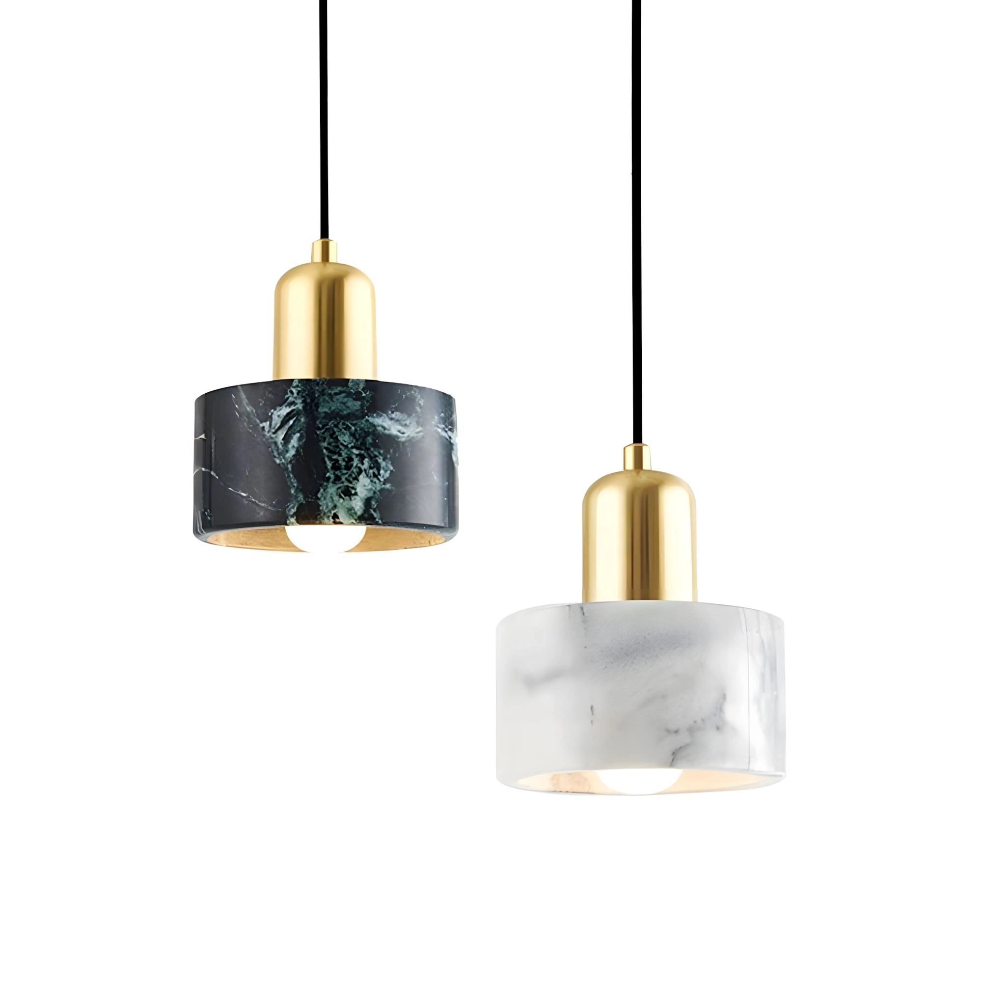 Modern bedside pendant lights with gold accent and blue velvet lampshade, hanging above a wooden nightstand.