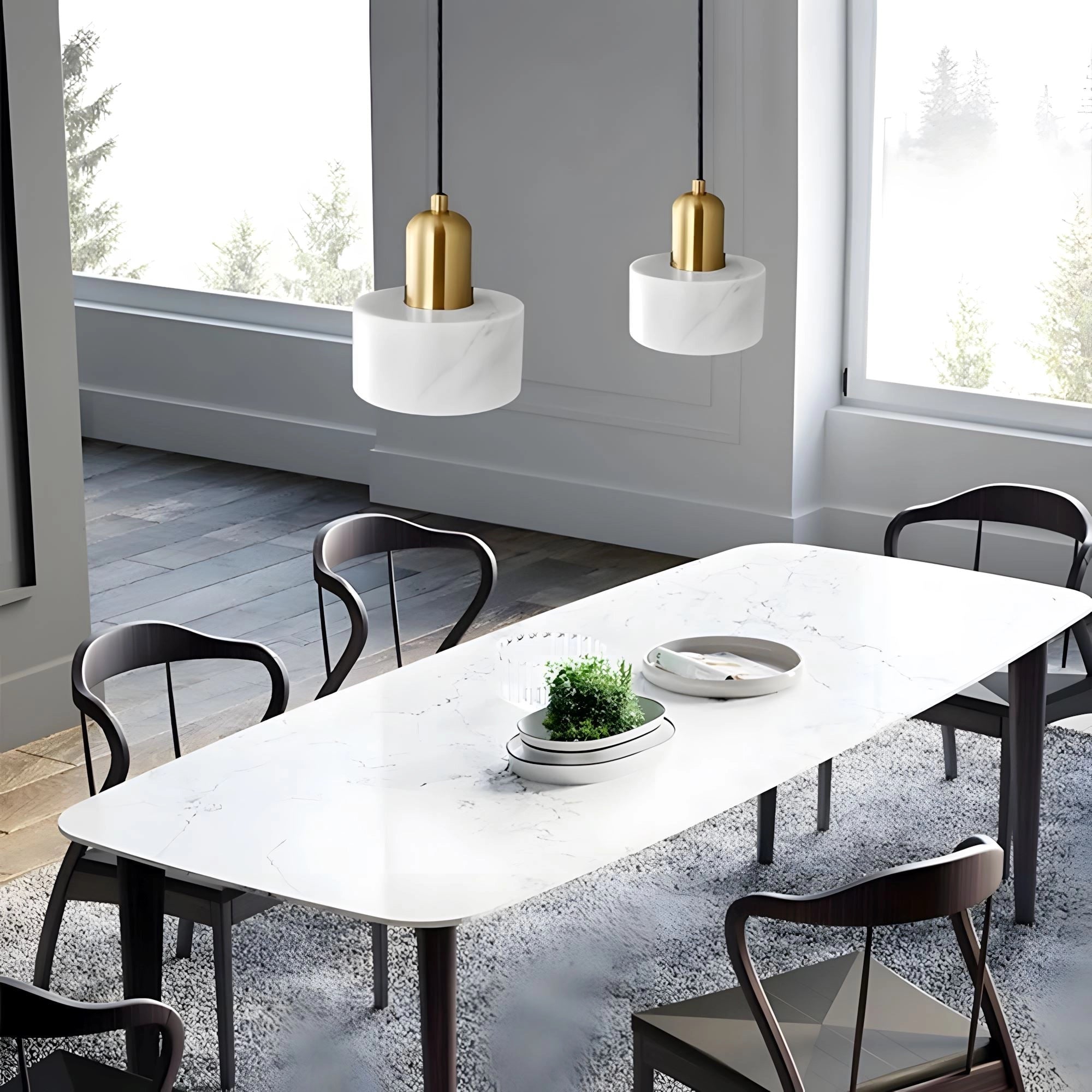 Modern bedside pendant lights with gold accent and blue velvet lampshade, hanging above a stylish white table with a potted plant, surrounded by contemporary furniture in a well-designed interior space.