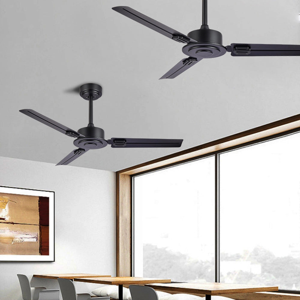 Modern black five-blade indoor ceiling fan mounted on a white ceiling, featuring a sleek and stylish design, with a quiet motor suitable for home interiors.