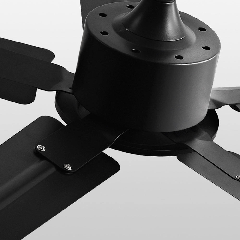 A sleek and modern black ceiling fan featuring five blades, designed for indoor use with a quiet operation and stylish appearance.