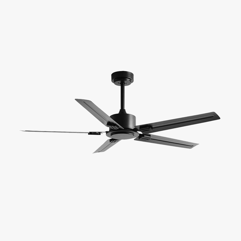 Modern black five-blade ceiling fan with a sleek design, mounted indoors, showcasing its stylish and quiet operation.