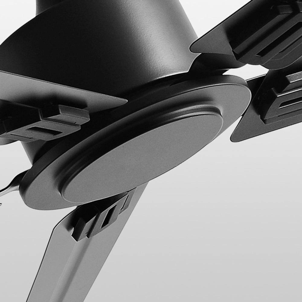 Modern black ceiling fan with five sleek blades, designed for indoor use. The fan features a contemporary style with a quiet motor, blending functionality with aesthetics.