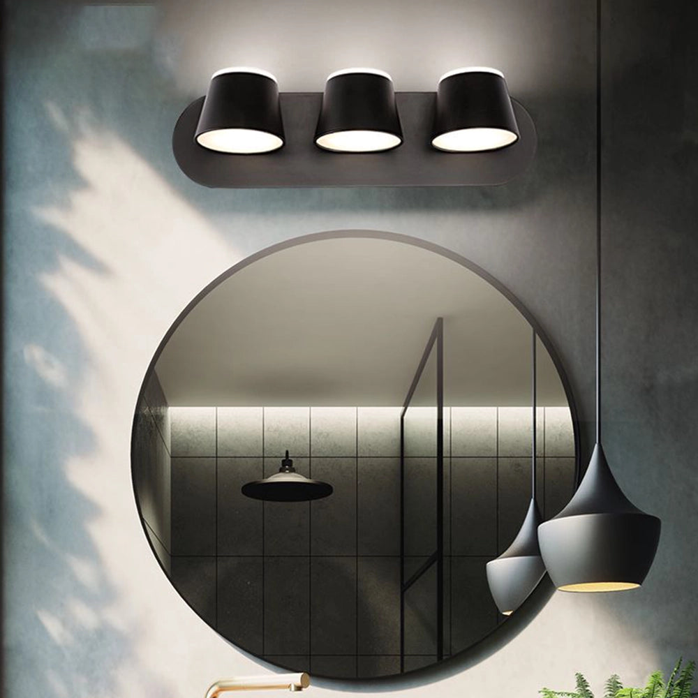 Modern black adjustable 3-light LED track light fixture in a sleek, contemporary design, featuring energy-efficient cool white lighting.