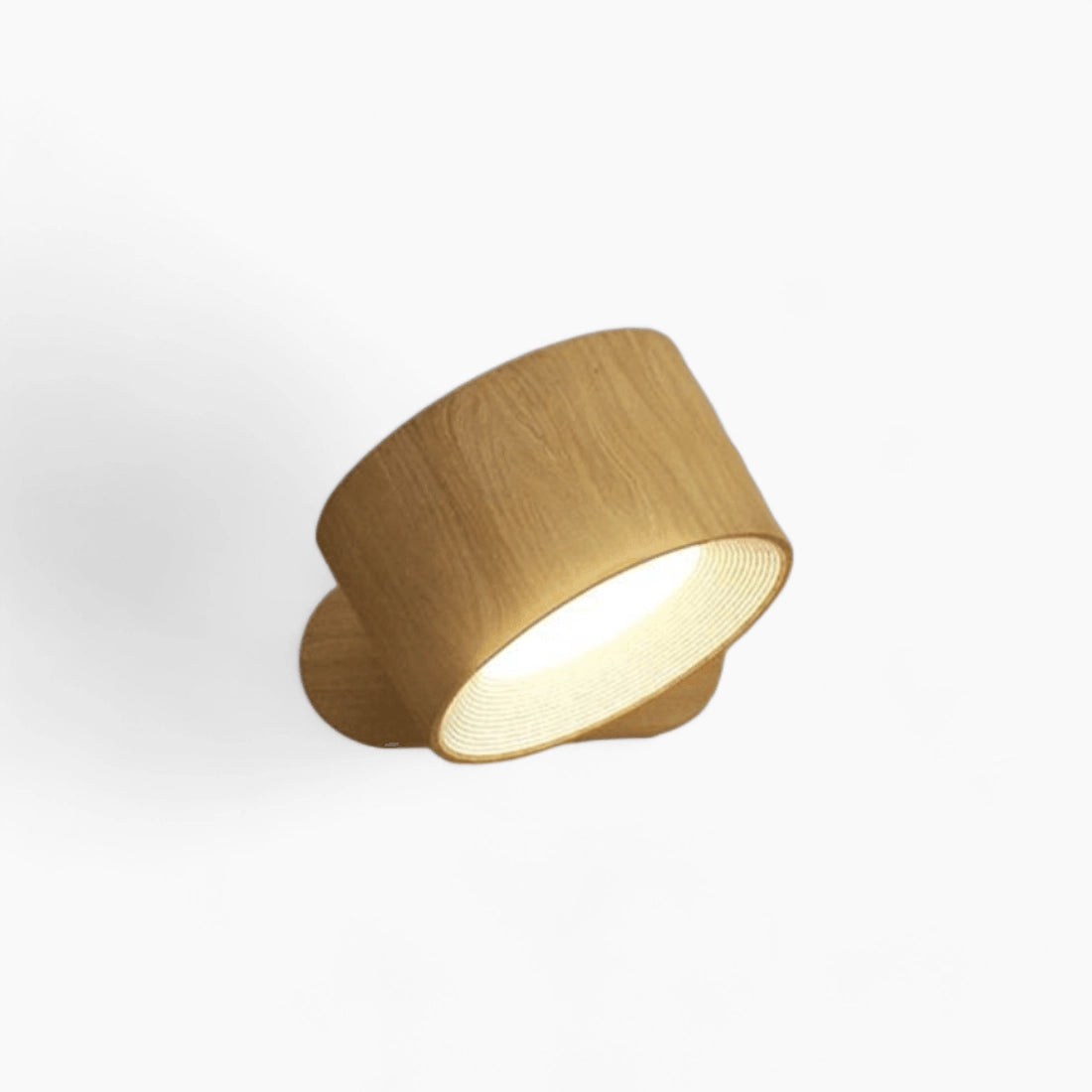 Modern black adjustable LED spotlight with a minimalist design, featuring a wooden accent and cylindrical shape, wall-mounted with metal elements, ideal for contemporary interiors.