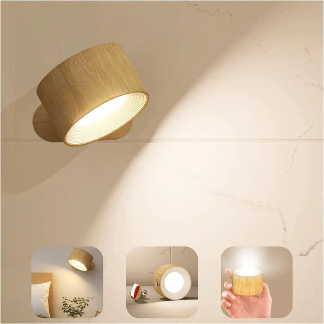 Modern black adjustable LED spotlight mounted on a wall, featuring a minimalist design with a wooden accent and emitting a warm yellow light.