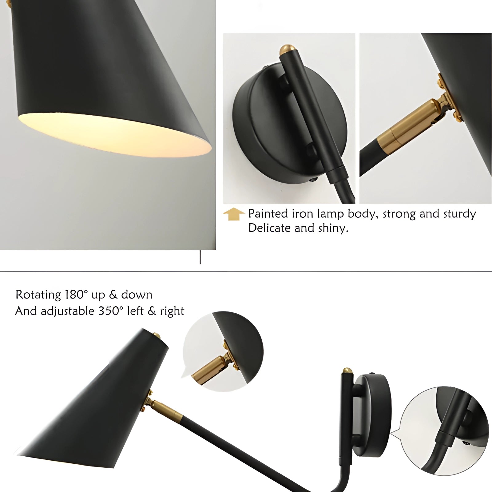 Modern black adjustable wall sconce with a minimalist industrial design, featuring a metal circular structure mounted on a wooden wall.