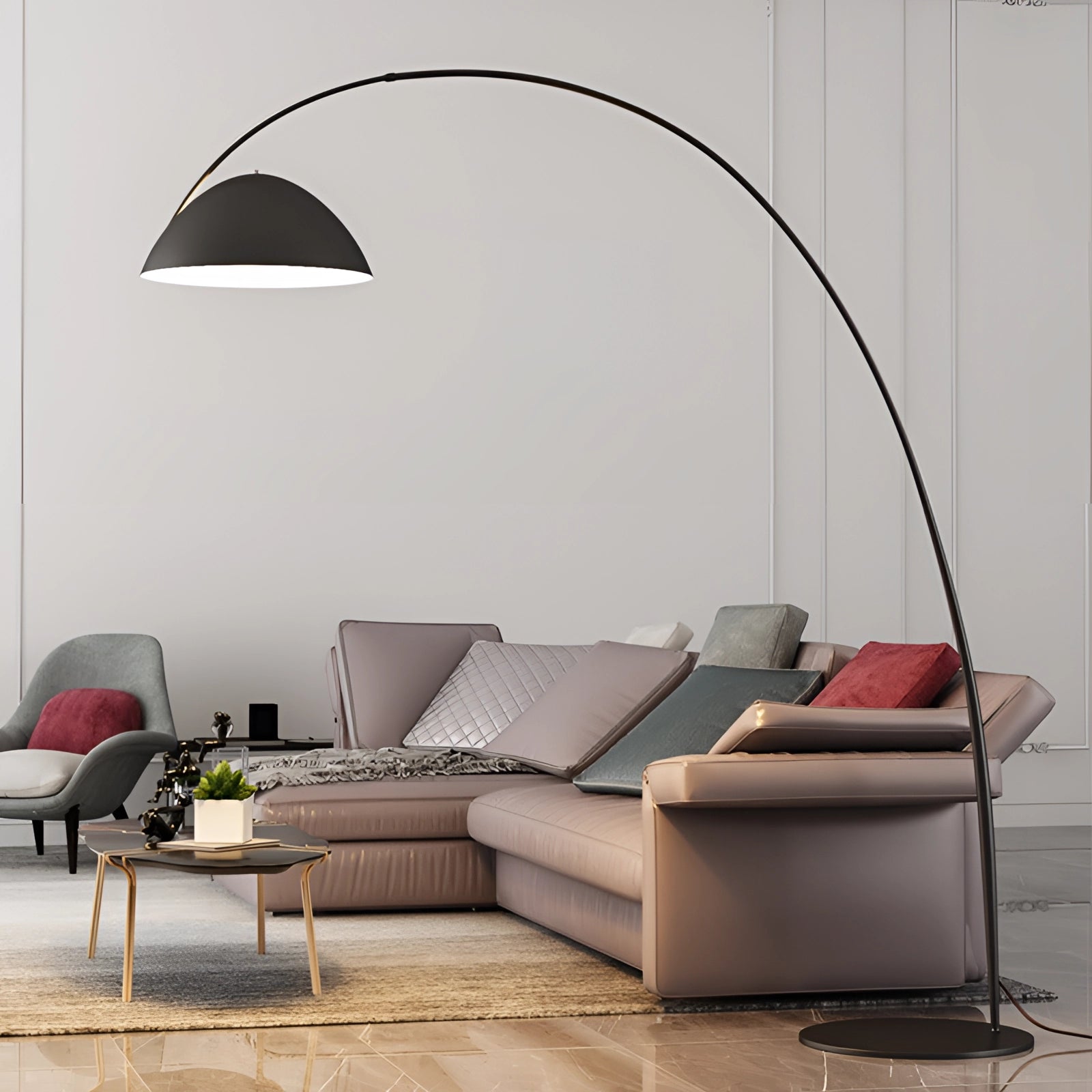 Modern black arched floor lamp with adjustable dome shade positioned beside a comfortable couch on a wooden floor, enhancing the room's contemporary decor.
