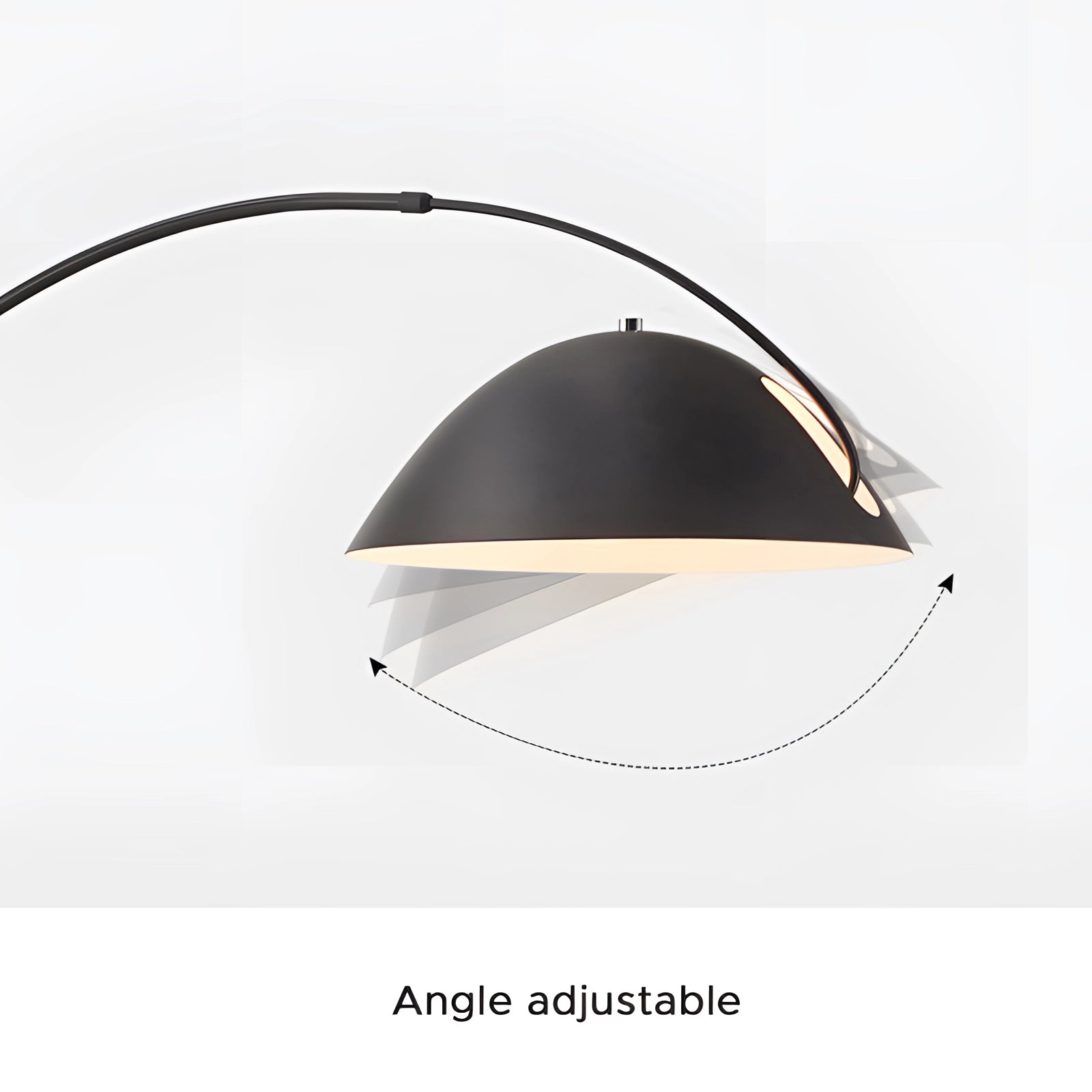 Modern black arched floor lamp with an adjustable dome, designed for reading; featuring a sleek metal build and contemporary style.