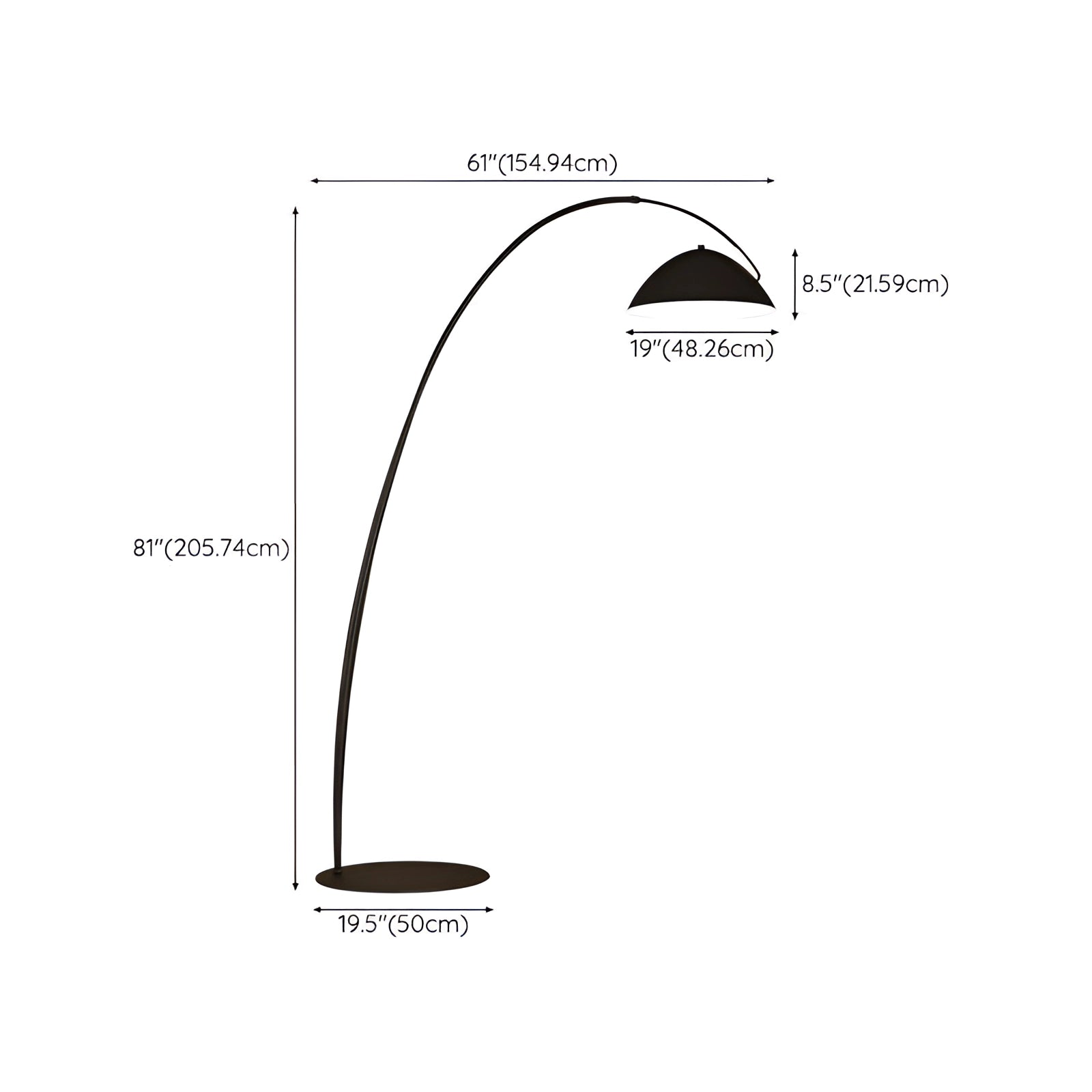 Modern black arched floor lamp with an adjustable dome-shaped reading light.