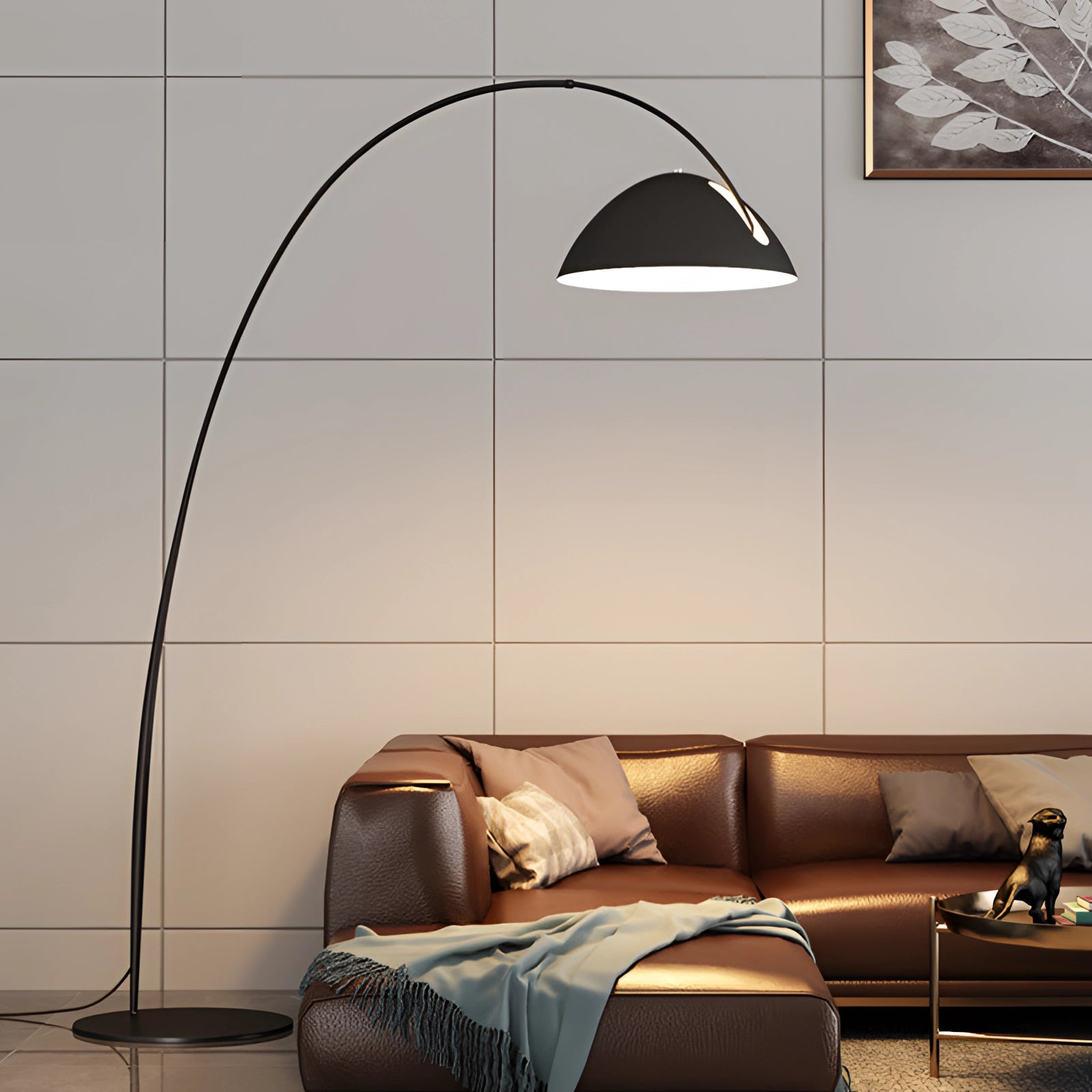 Modern black arched floor lamp with an adjustable dome reading light, made of metal and measuring 61 inches in height, placed next to a couch in a stylishly designed interior room with wood accents.