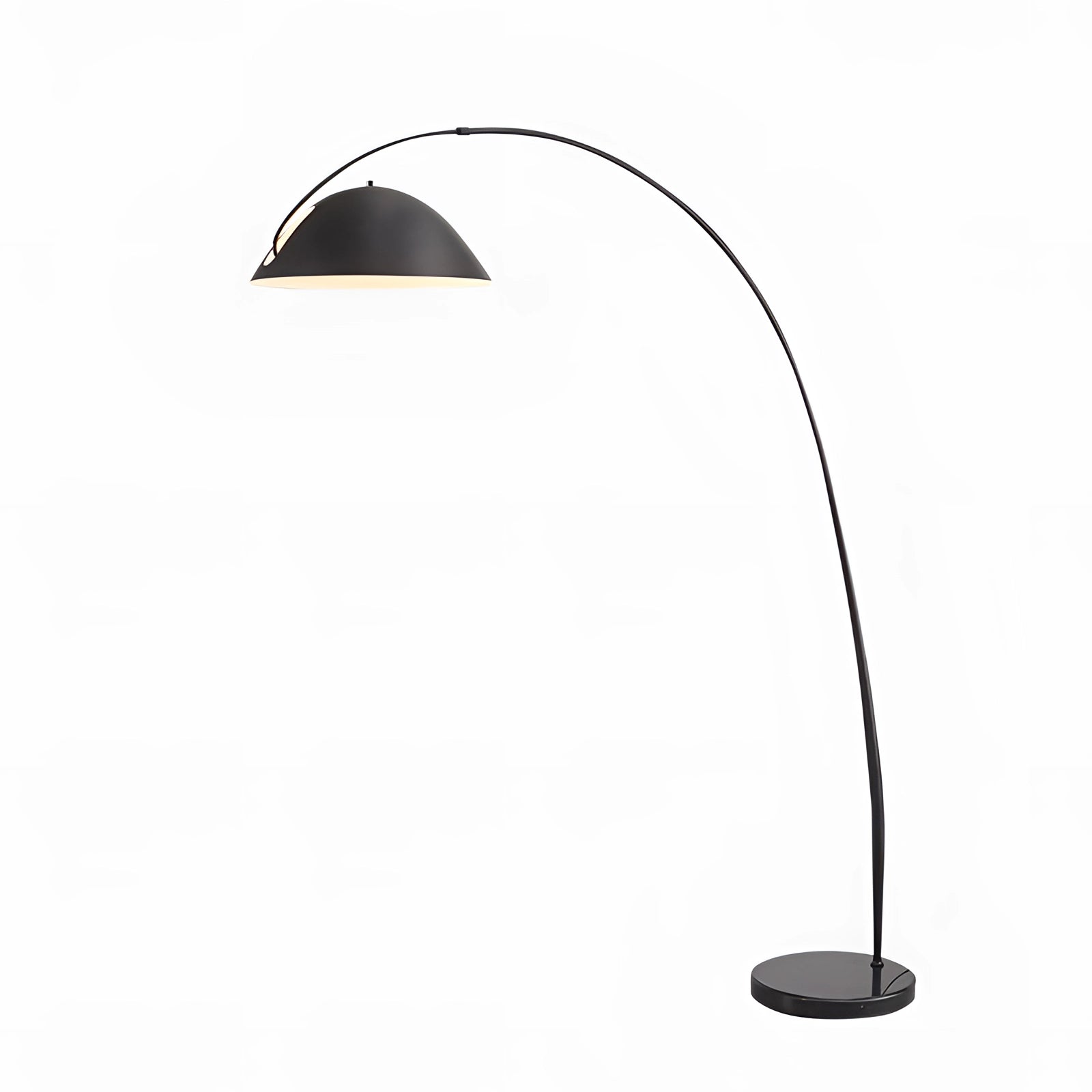 Modern black arched floor lamp with an adjustable dome shade, designed for reading, featuring a sleek, minimalist style.