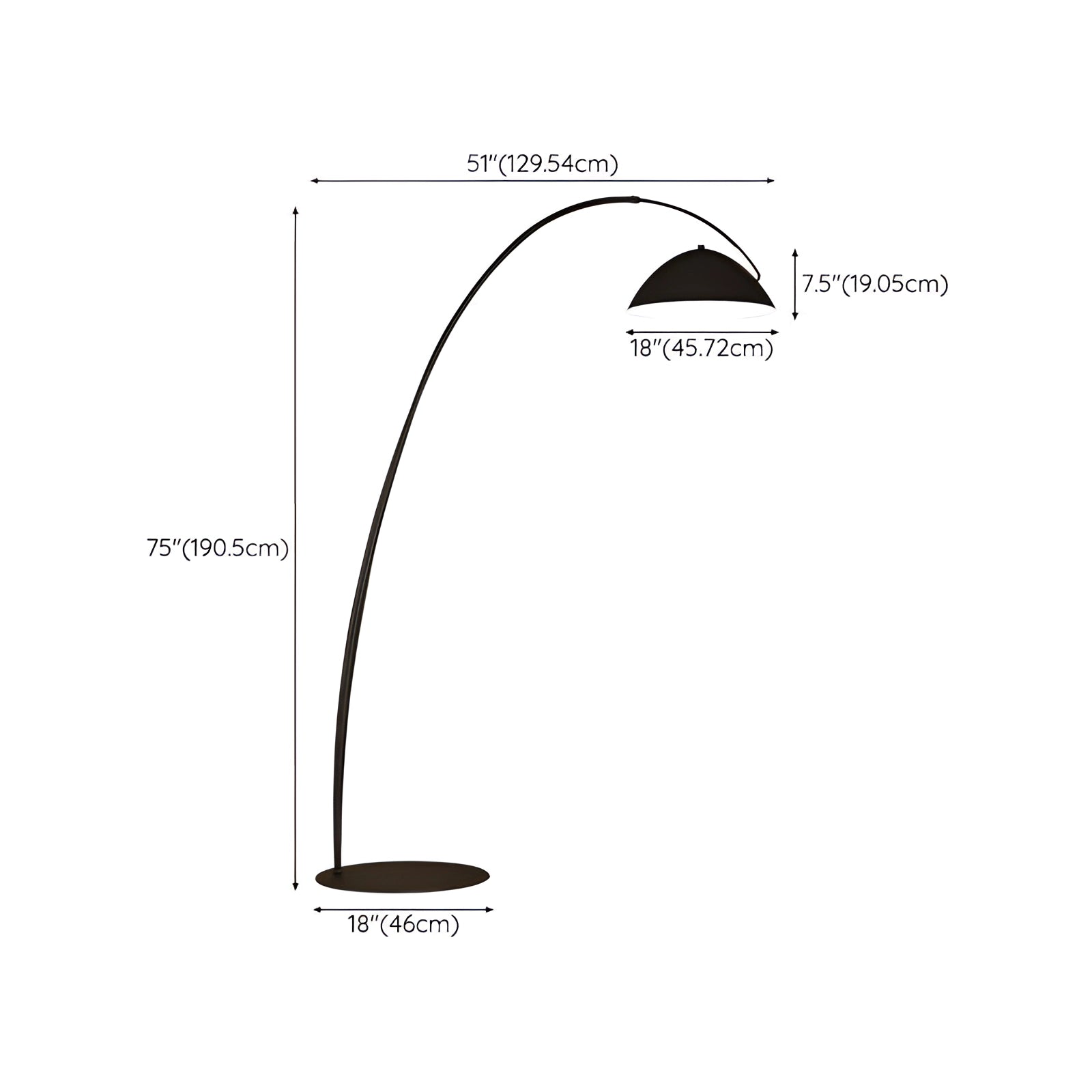 Modern black arched floor lamp with adjustable dome head, designed for reading and featuring sleek, minimalist lines.