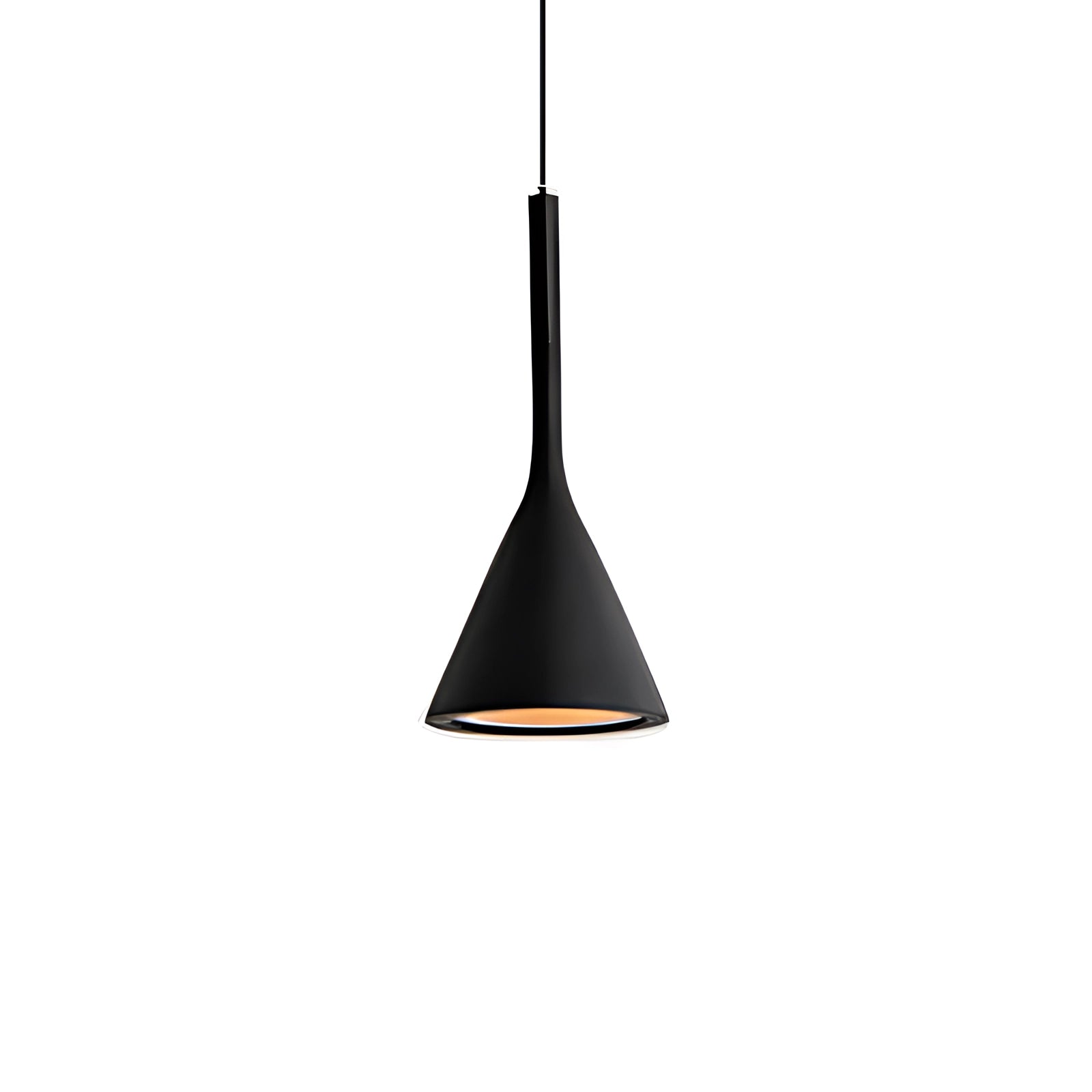 Modern black cone pendant light hanging from the ceiling, showcasing a minimalist design with a geometric triangular shape.