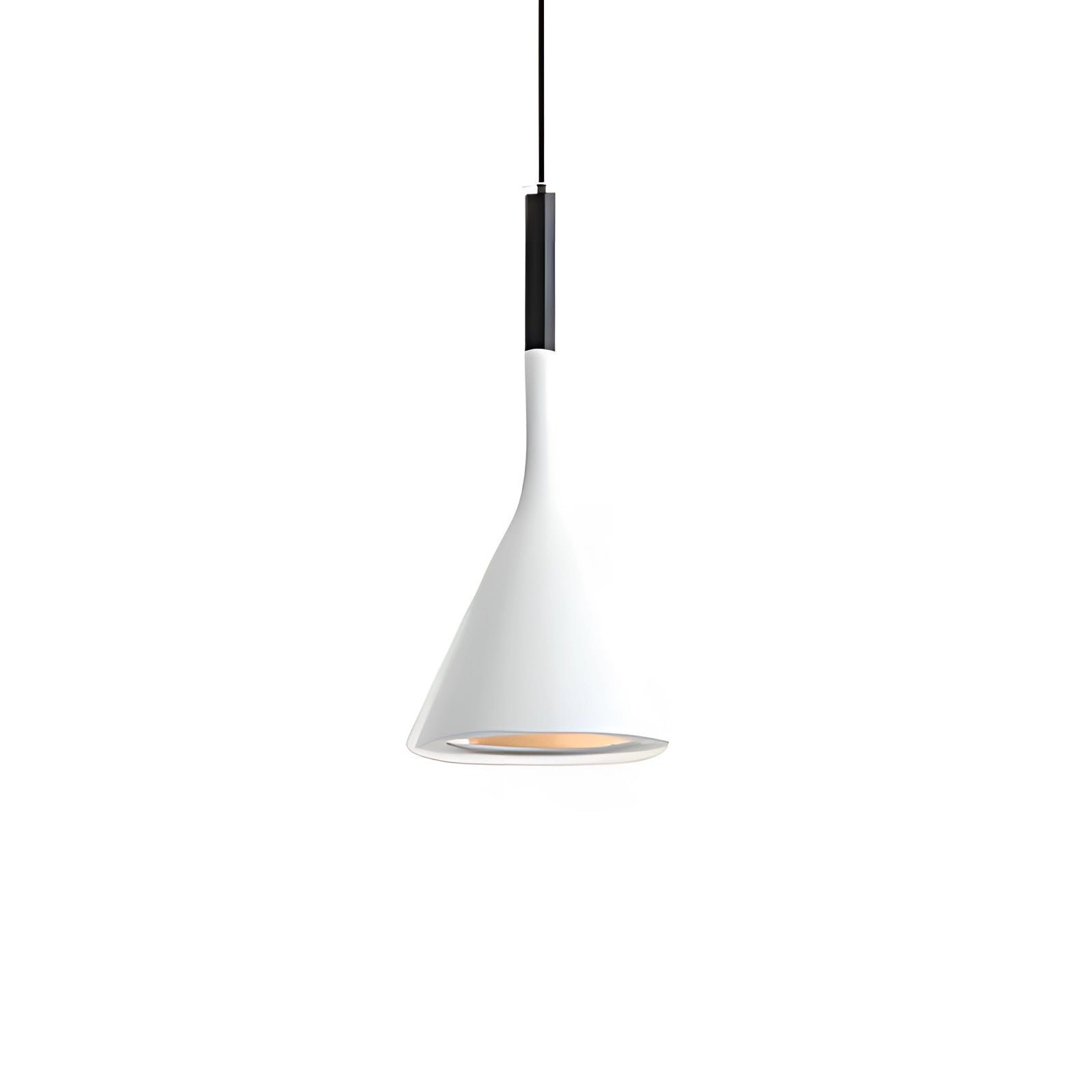 Modern white cone pendant light hanging from the ceiling, featuring a minimalist design. The fixture is shown in a room with wooden furniture and a clean, contemporary aesthetic.