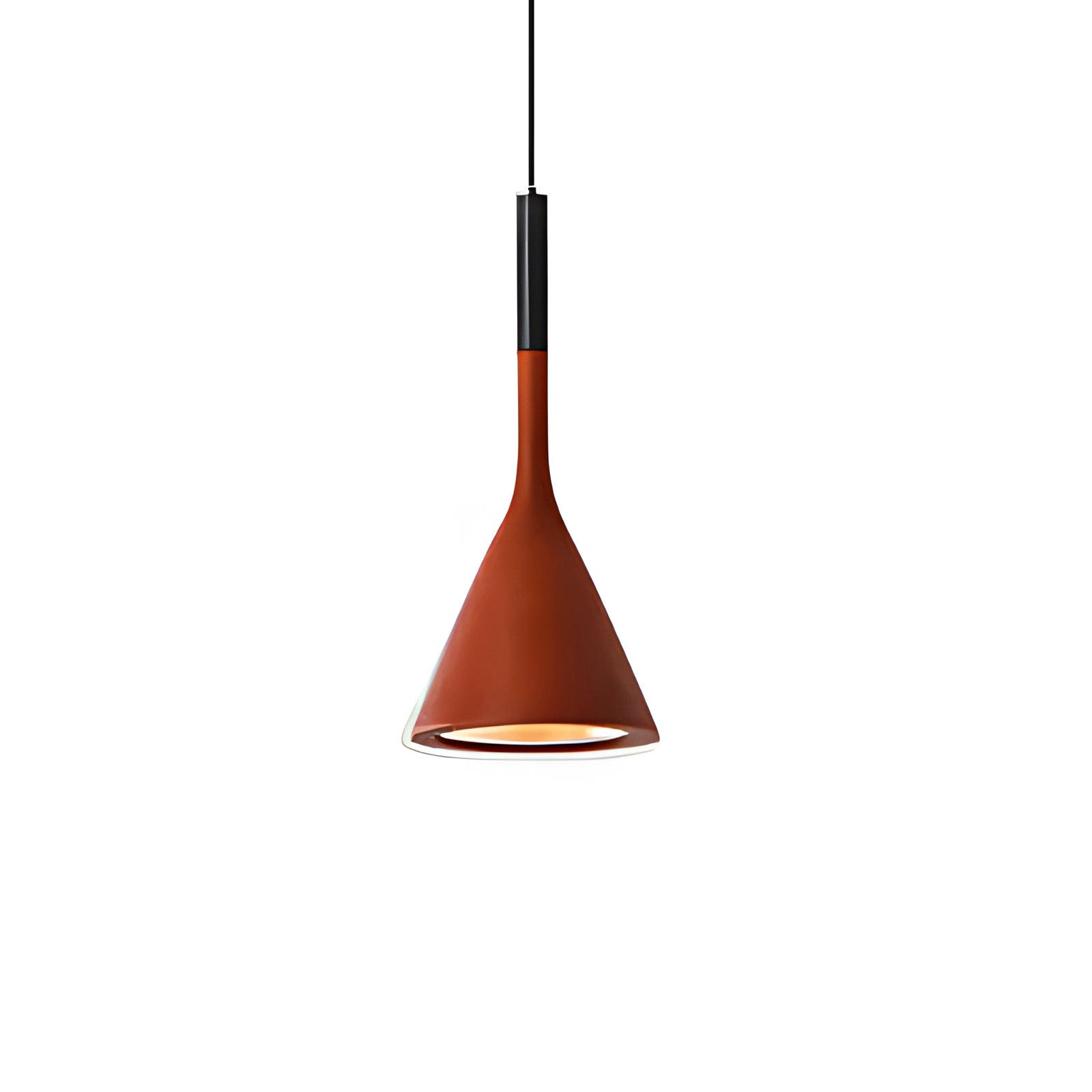 A modern black cone pendant light with a minimalist design, featuring a sleek red finish, hanging from the ceiling.