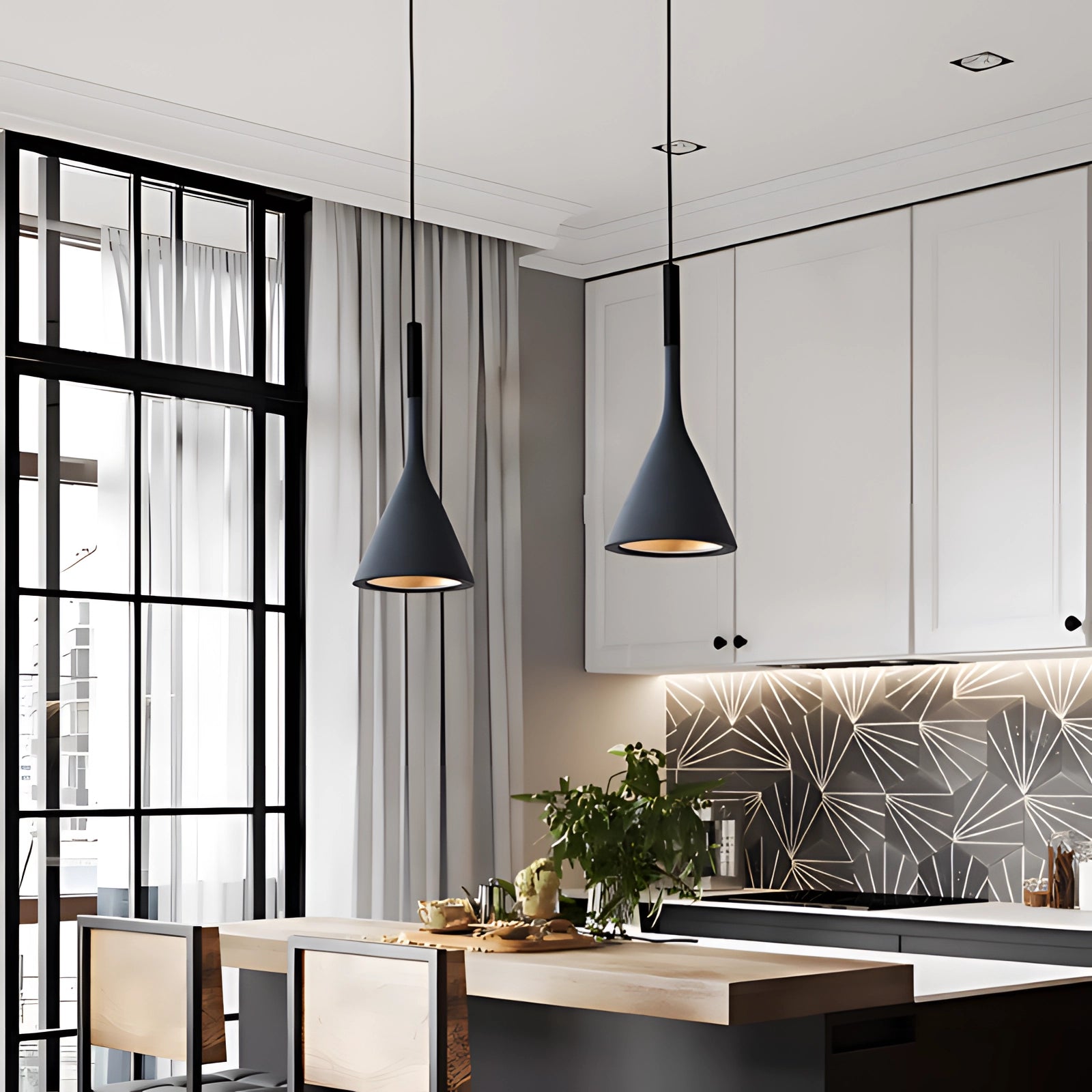 Modern black cone pendant light hanging from the ceiling in a minimalist living room with wooden furniture, a table, and indoor plants near a large window.