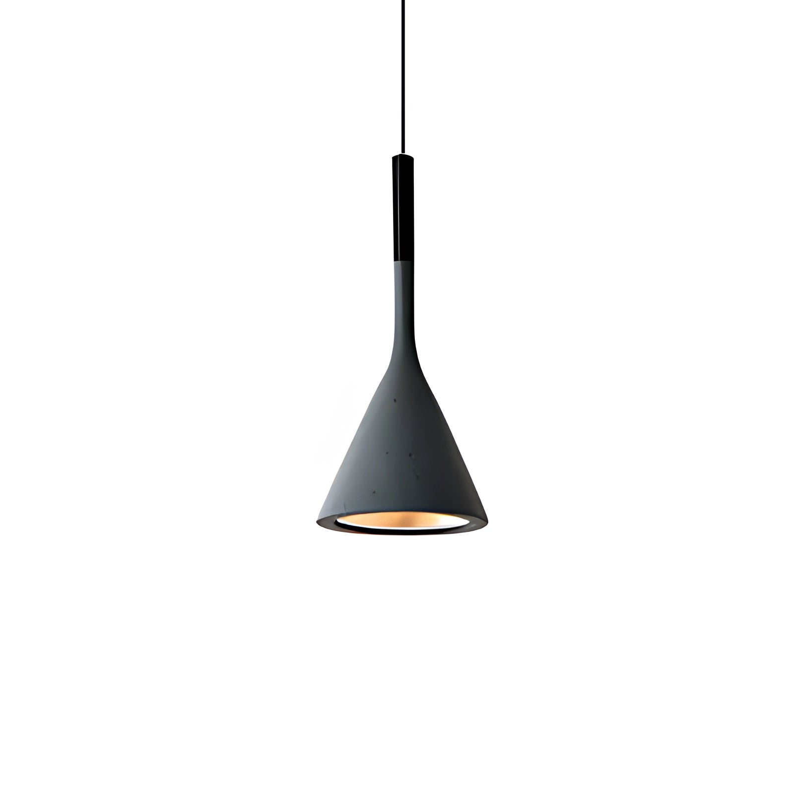 Modern black cone pendant light with a sleek gray finish, featuring a minimalist design. The ceiling lamp exhibits a symmetrical triangle shape, crafted from metal with an artistic and contemporary aesthetic.