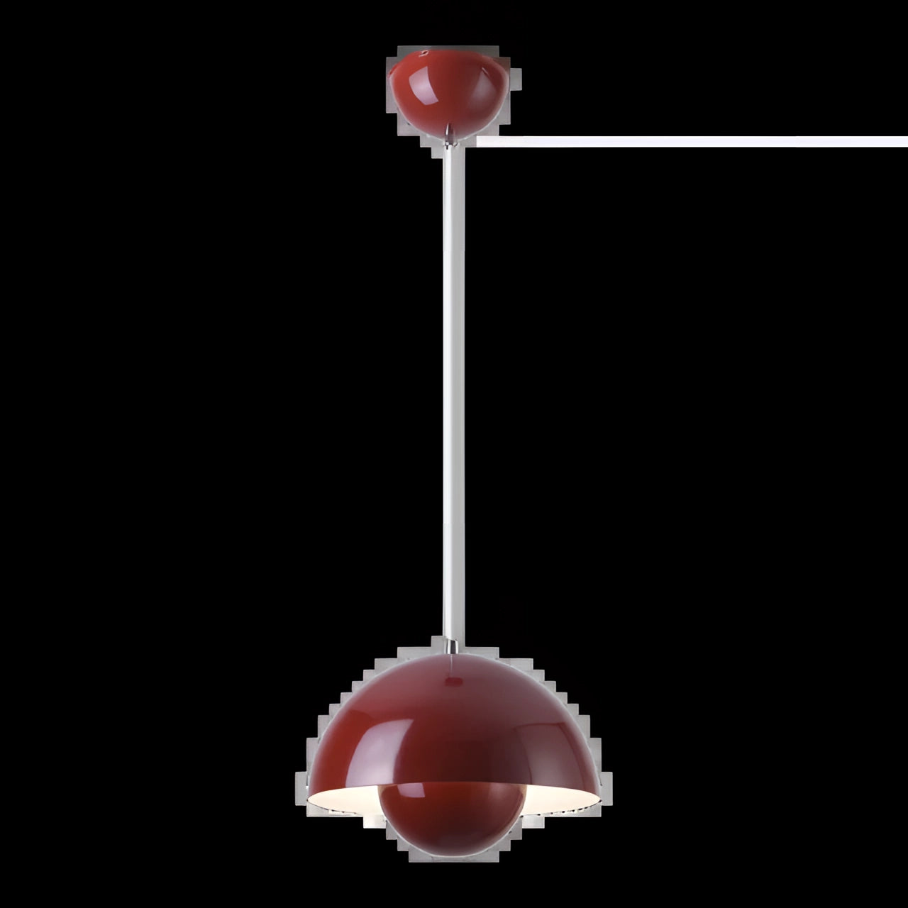 Modern red dome pendant light with minimalist design, featuring a smooth circular shape and adjustable hanging length, set against a dark background.