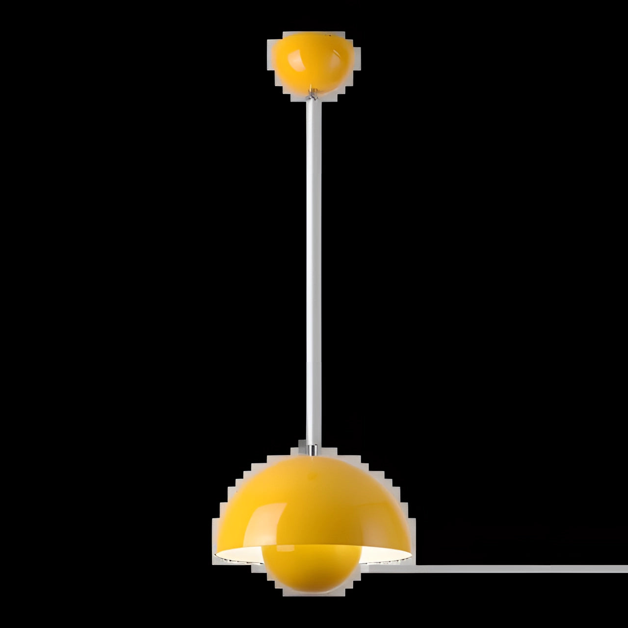 Modern black dome pendant light with a yellow interior, showcasing a minimalist design. The ceiling lamp is adjustable and features a sleek, circular shape, ideal for contemporary settings.