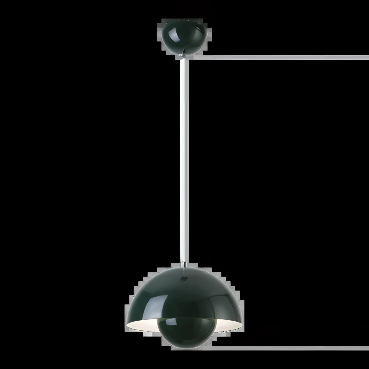 A modern black dome pendant light with a minimalist design, featuring an adjustable green ceiling lamp against a dark background.