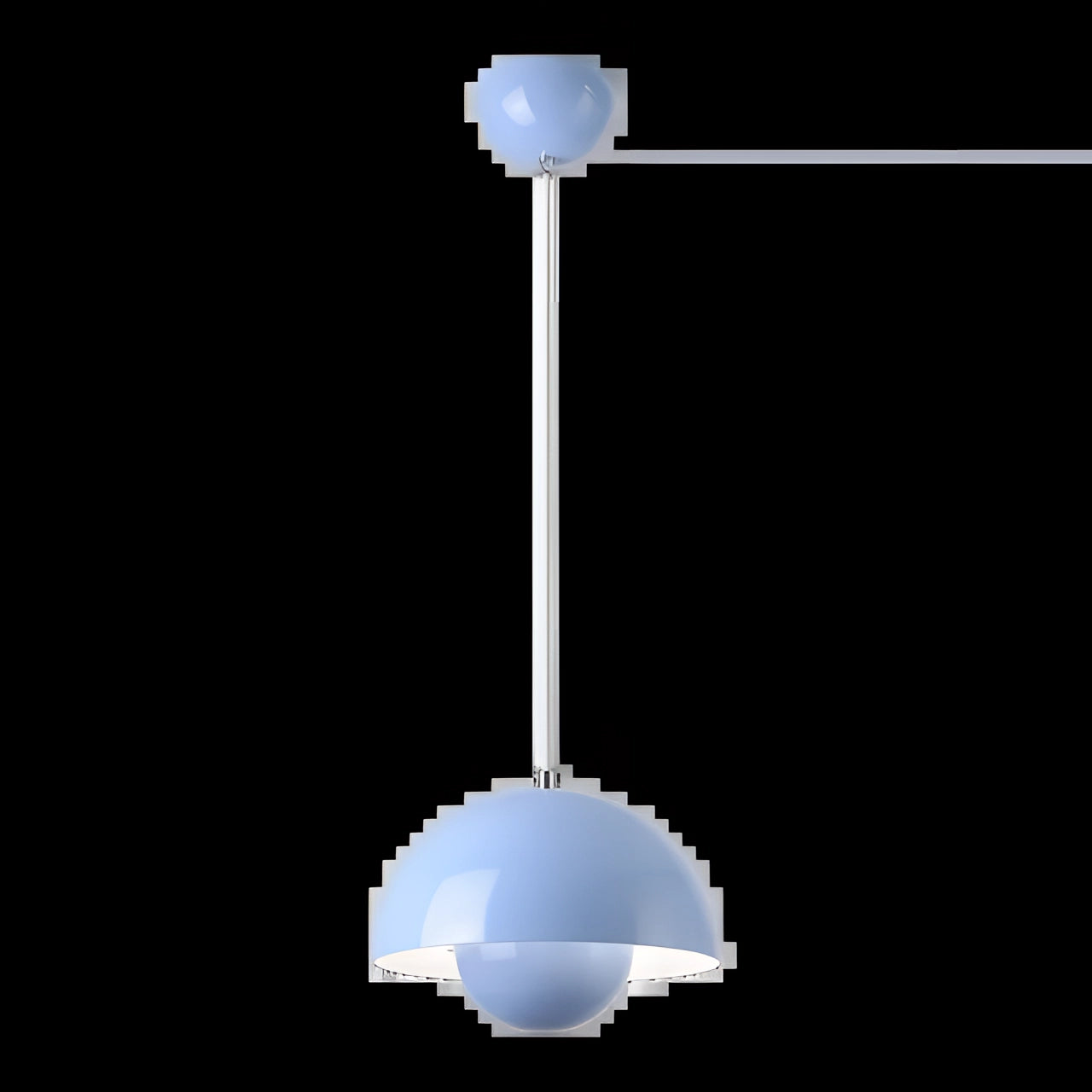 Modern blue dome-shaped pendant light with a minimalist design hanging from the ceiling, featuring an adjustable length for versatile placement.