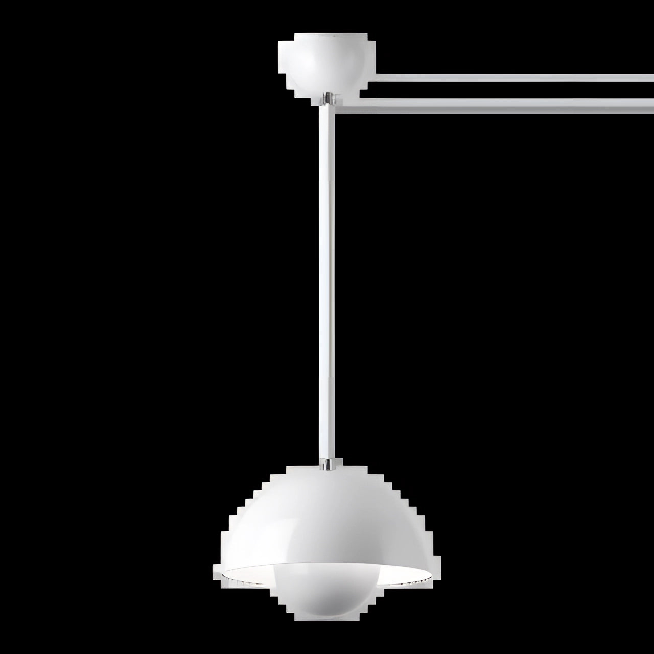 Modern black dome pendant light with a sleek and minimalist design, featuring an adjustable white interior for versatile illumination. The ceiling lamp is depicted in a dark setting, showcasing its circular shape and contemporary aesthetic.