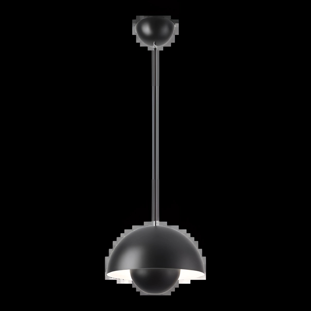 Modern black dome pendant light hanging from a ceiling, featuring a sleek and minimalist design with a smooth, circular shape. The lamp emits a focused, downward light, perfect for contemporary interior spaces.