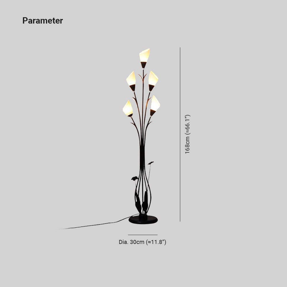 Modern black floral floor lamp with elegant decorative design featuring a nature-inspired motif, suitable for enhancing room ambiance.
