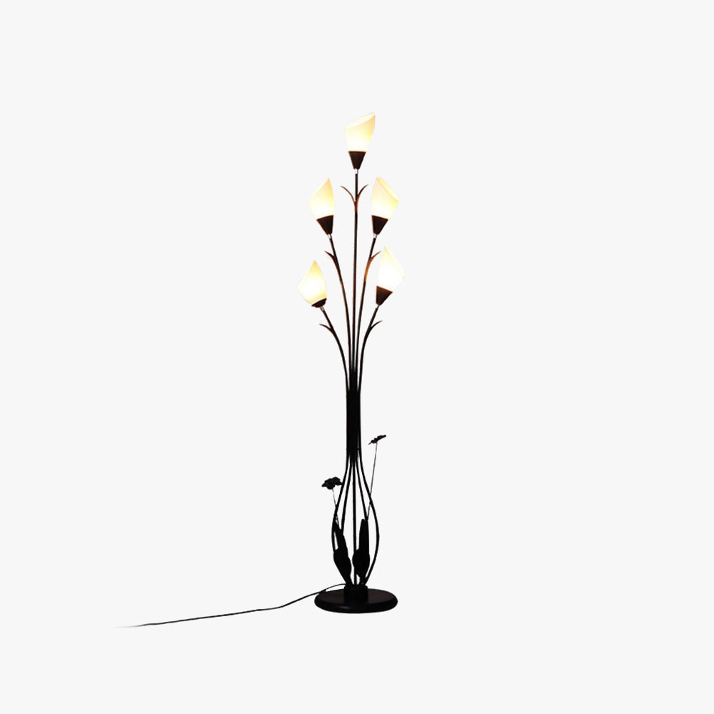 Modern black floral floor lamp with elegant decorative design, featuring a sleek black stand and a floral-inspired lampshade, adding a touch of art and sophistication to any room setting.