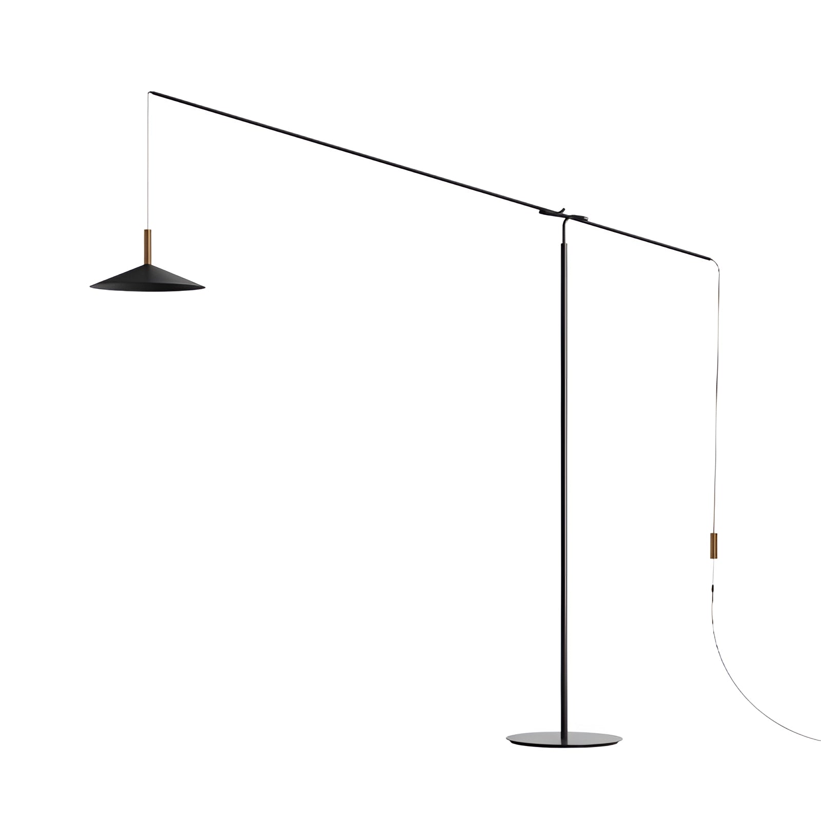 Modern black and gold adjustable floor lamp with a sleek design, featuring a unique balance between circular and rectangular elements, suitable for contemporary interior lighting.