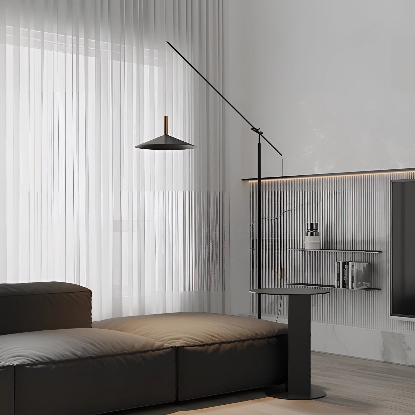 Modern black and gold adjustable designer floor lamp placed in a stylish interior setting, featuring a sleek design with a rectangular shade and wooden elements, complementing the grey flooring.