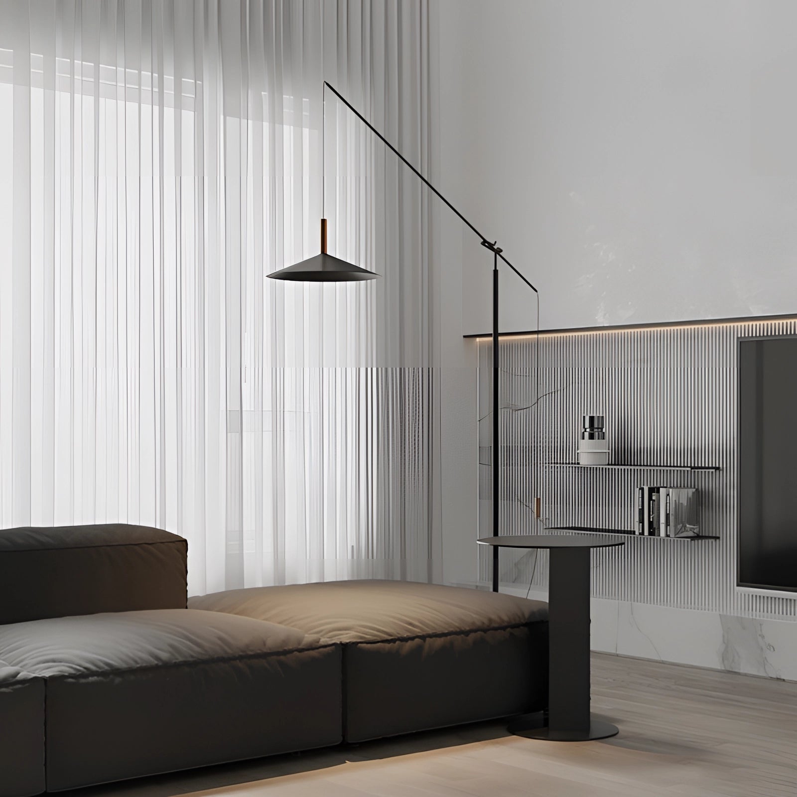 Modern black and gold floor lamp with adjustable design, featuring a sleek lighting shade, suitable for contemporary interior design settings.
